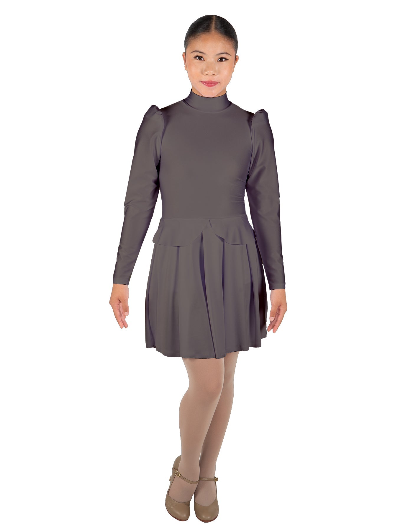 Solid Lycra LS TNeck Leotard with Attached Pleated Skirt and Peplum