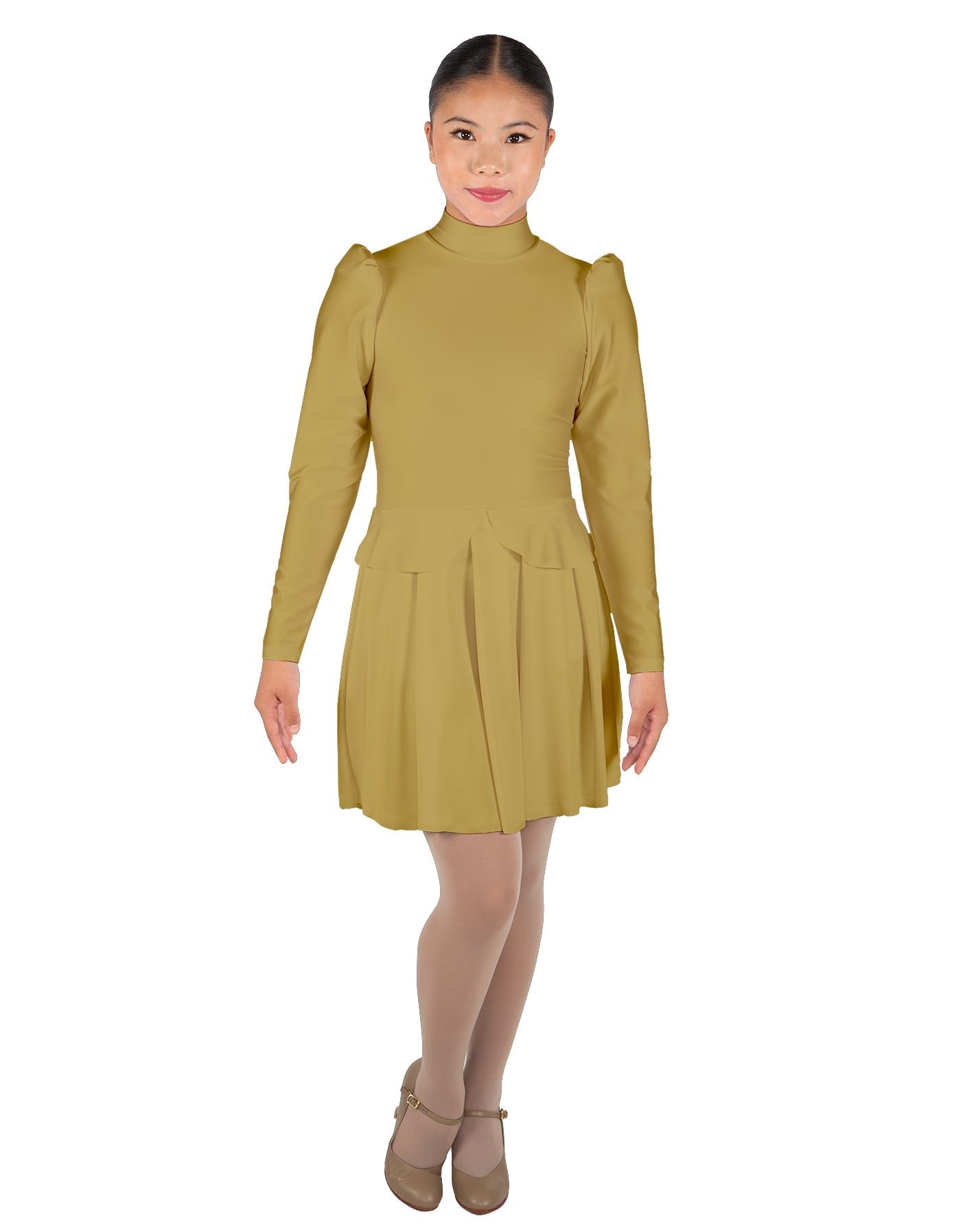 Solid Lycra LS TNeck Leotard with Attached Pleated Skirt and Peplum