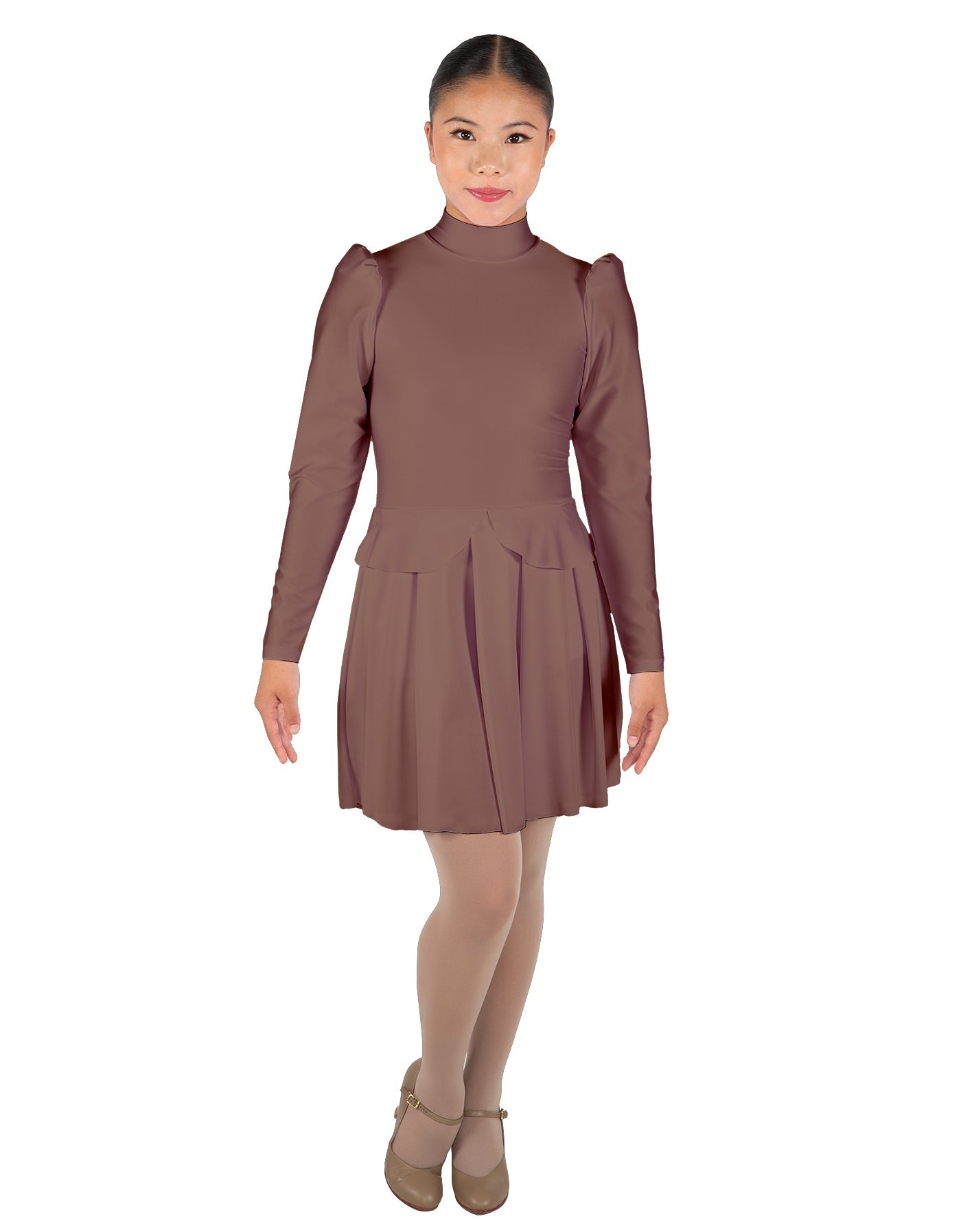 Solid Lycra LS TNeck Leotard with Attached Pleated Skirt and Peplum