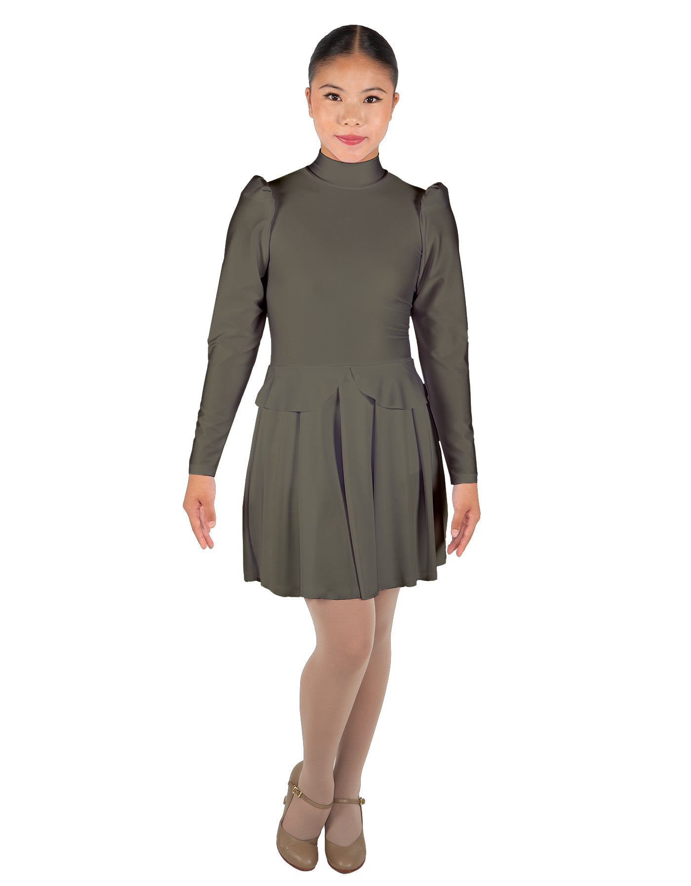 Solid Lycra LS TNeck Leotard with Attached Pleated Skirt and Peplum