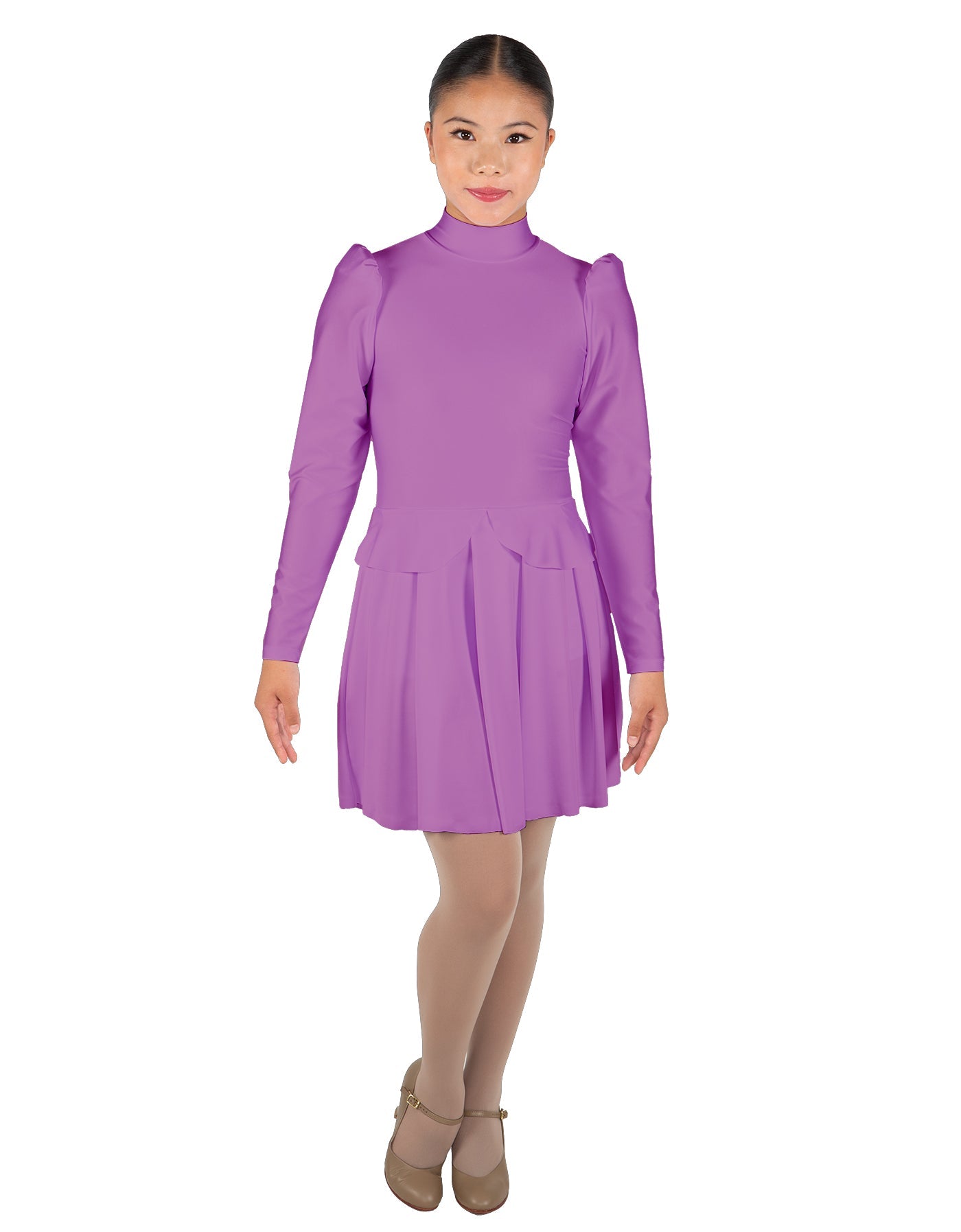 Solid Lycra LS TNeck Leotard with Attached Pleated Skirt and Peplum
