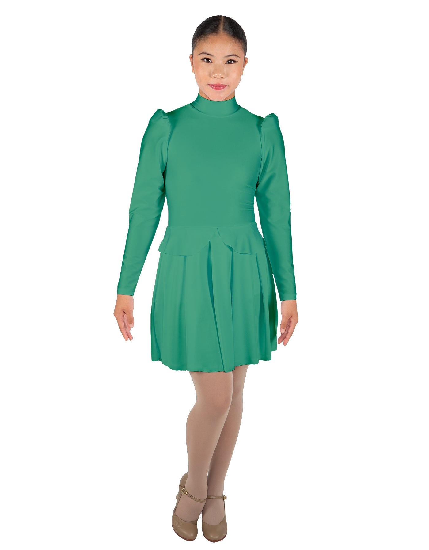 Solid Lycra LS TNeck Leotard with Attached Pleated Skirt and Peplum