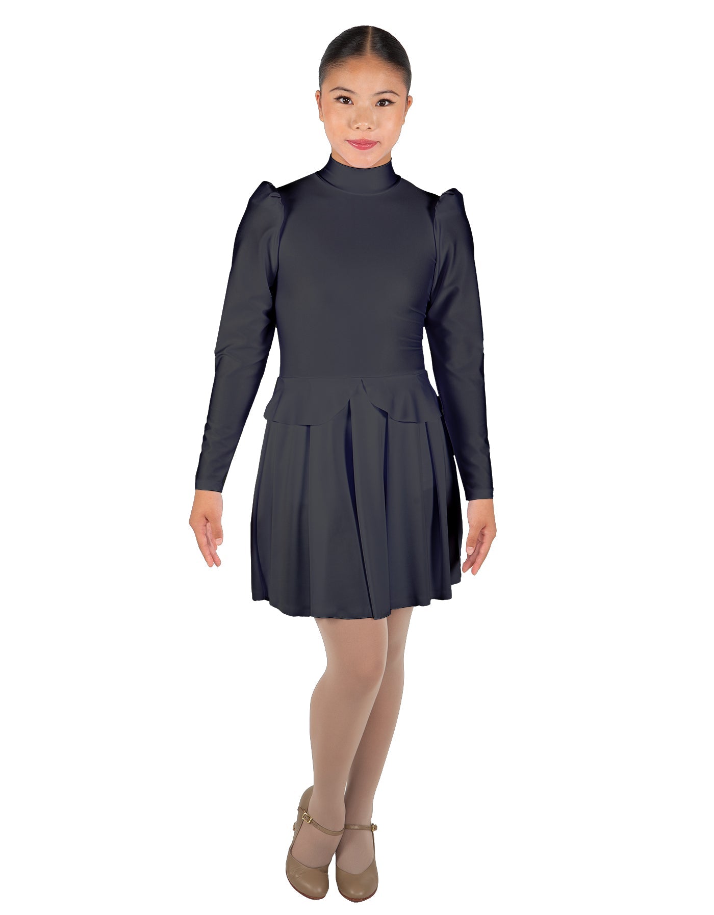 Solid Lycra LS TNeck Leotard with Attached Pleated Skirt and Peplum