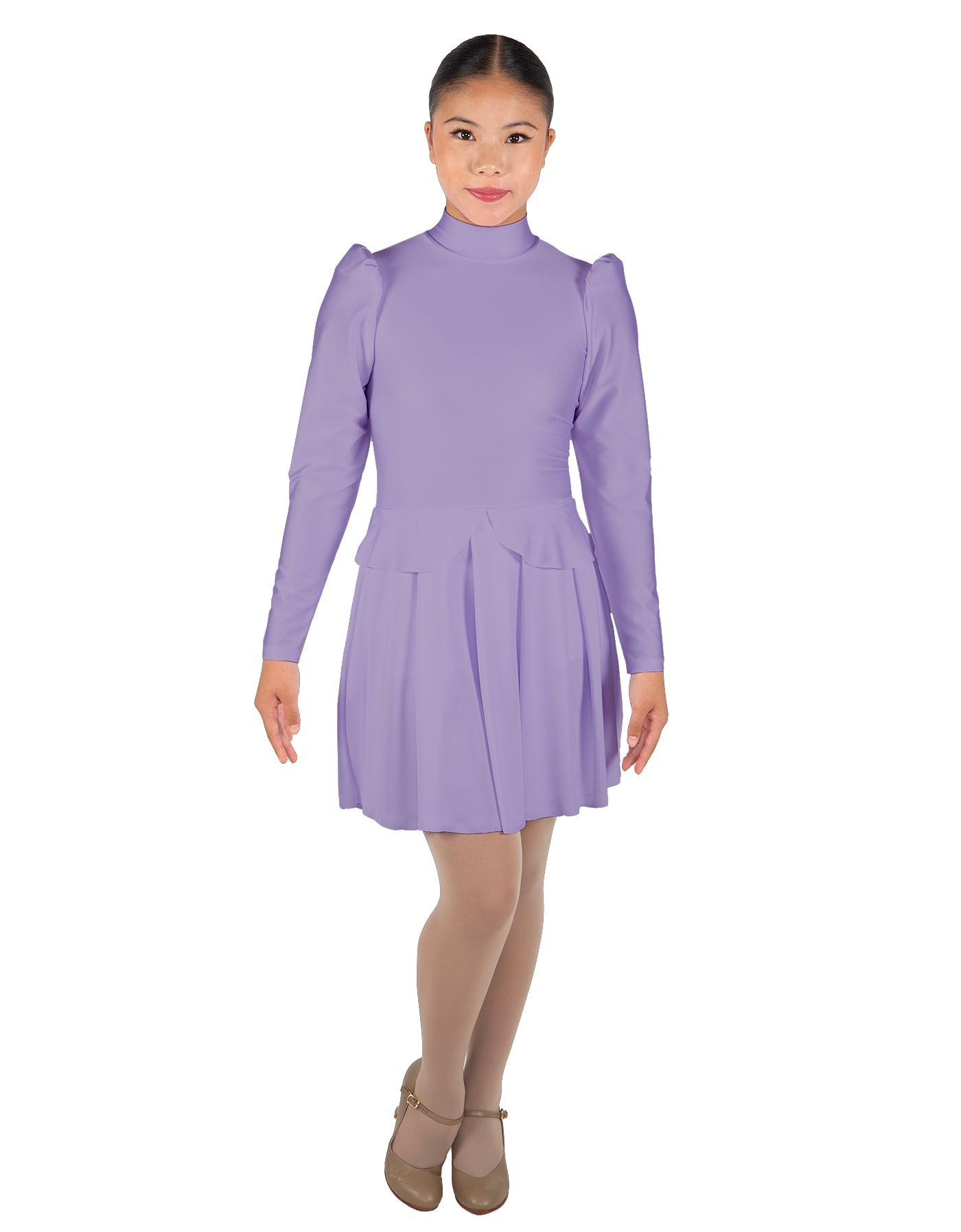 Solid Lycra LS TNeck Leotard with Attached Pleated Skirt and Peplum