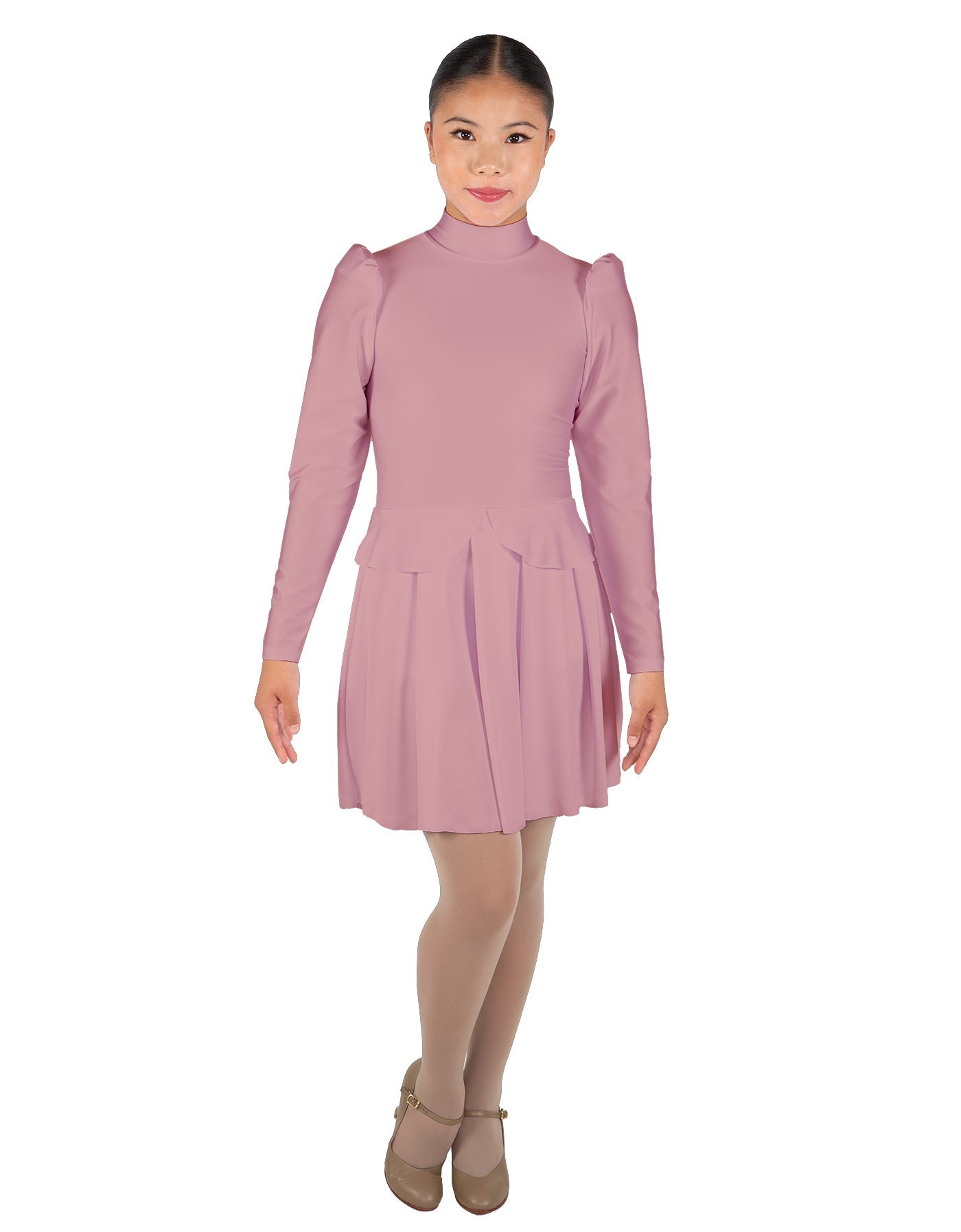 Solid Lycra LS TNeck Leotard with Attached Pleated Skirt and Peplum
