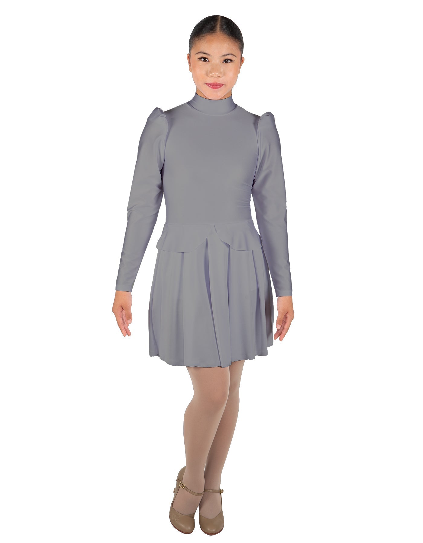 Solid Lycra LS TNeck Leotard with Attached Pleated Skirt and Peplum