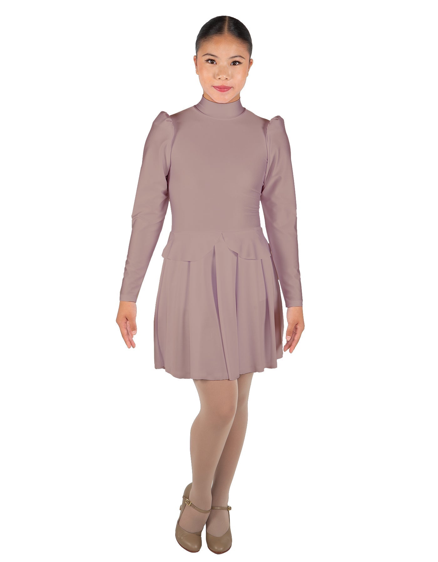 Solid Lycra LS TNeck Leotard with Attached Pleated Skirt and Peplum