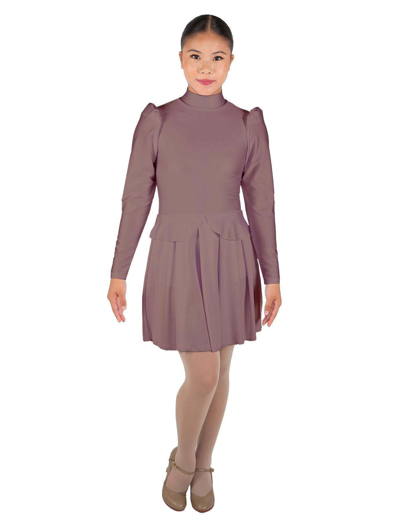 Solid Lycra LS TNeck Leotard with Attached Pleated Skirt and Peplum