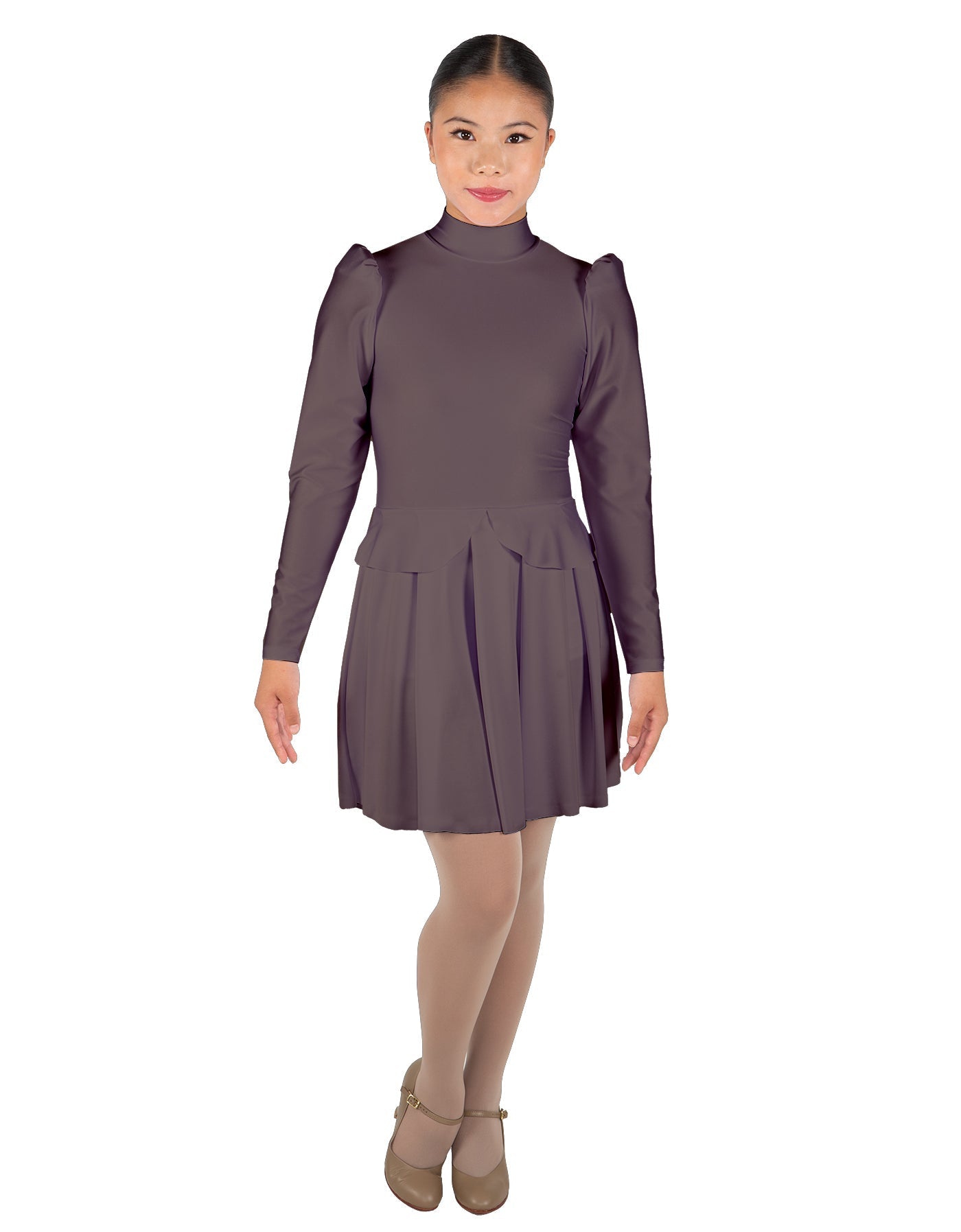 Solid Lycra LS TNeck Leotard with Attached Pleated Skirt and Peplum