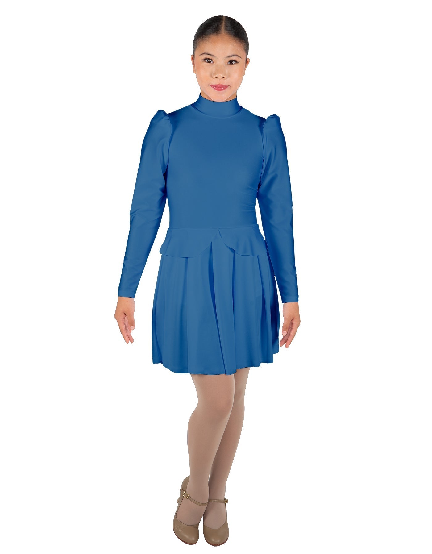 Solid Lycra LS TNeck Leotard with Attached Pleated Skirt and Peplum