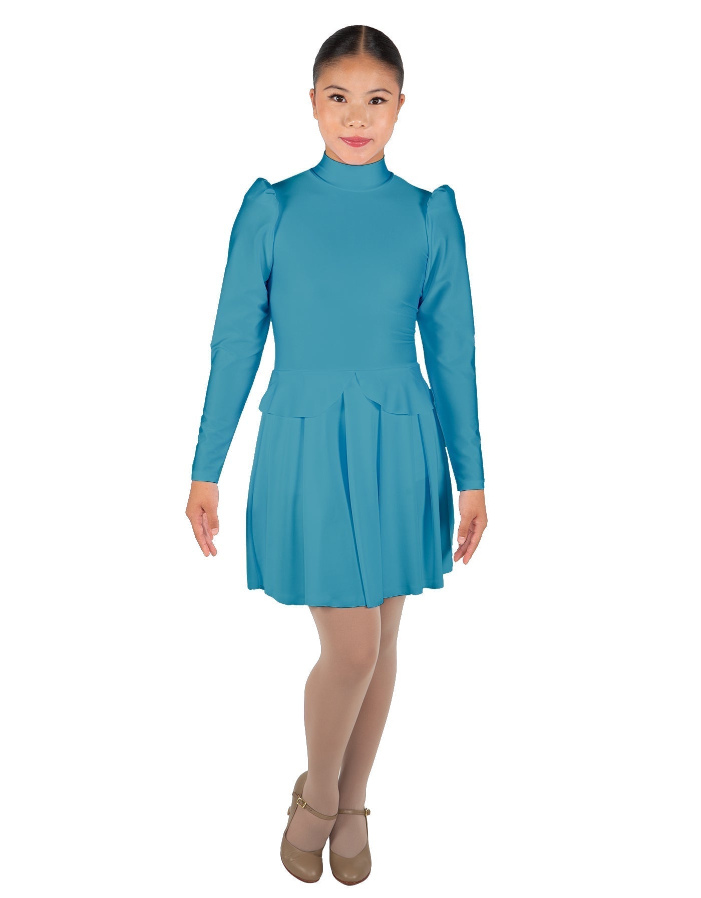 Solid Lycra LS TNeck Leotard with Attached Pleated Skirt and Peplum