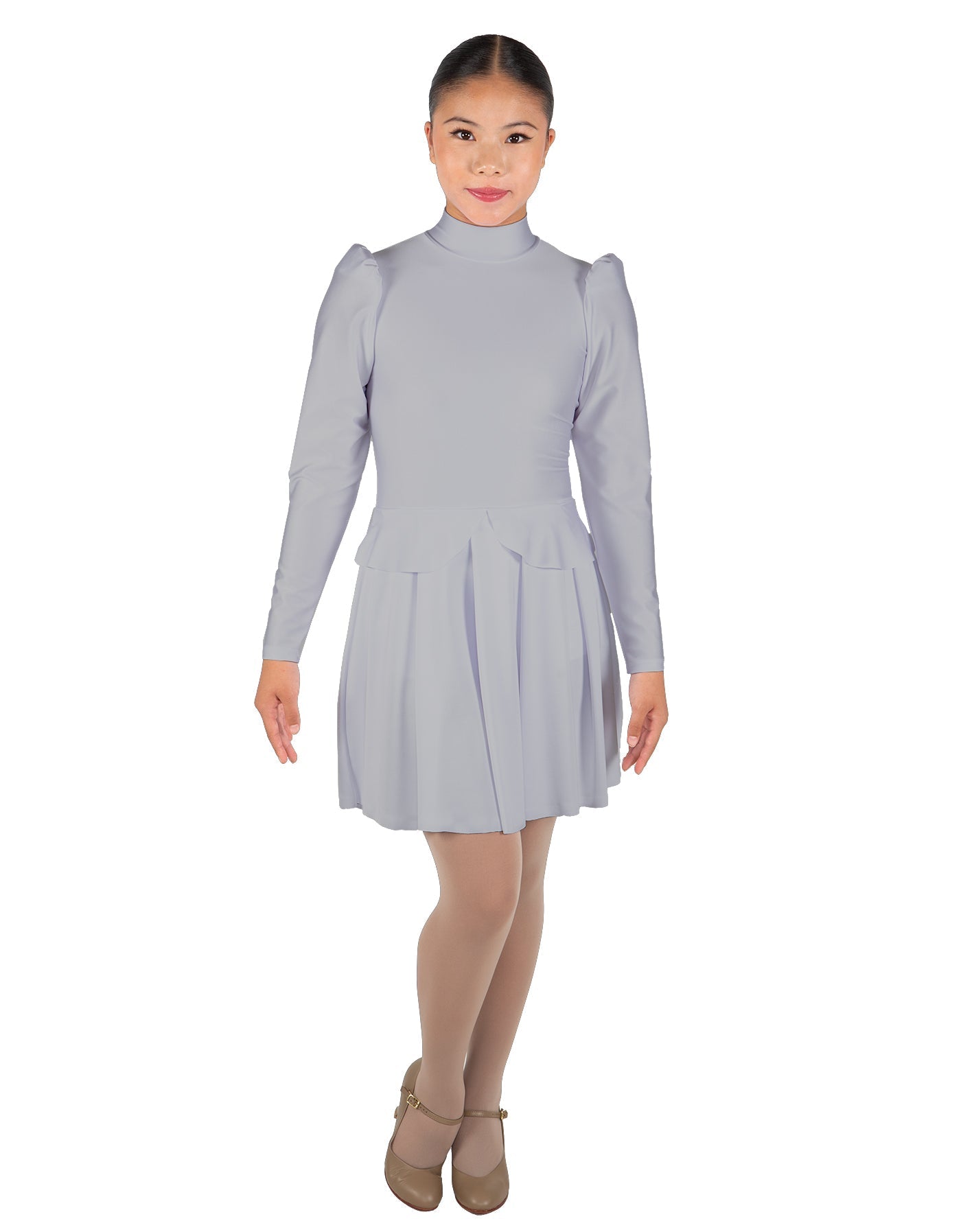 Solid Lycra LS TNeck Biketard with Attached Pleated Skirt and Peplum