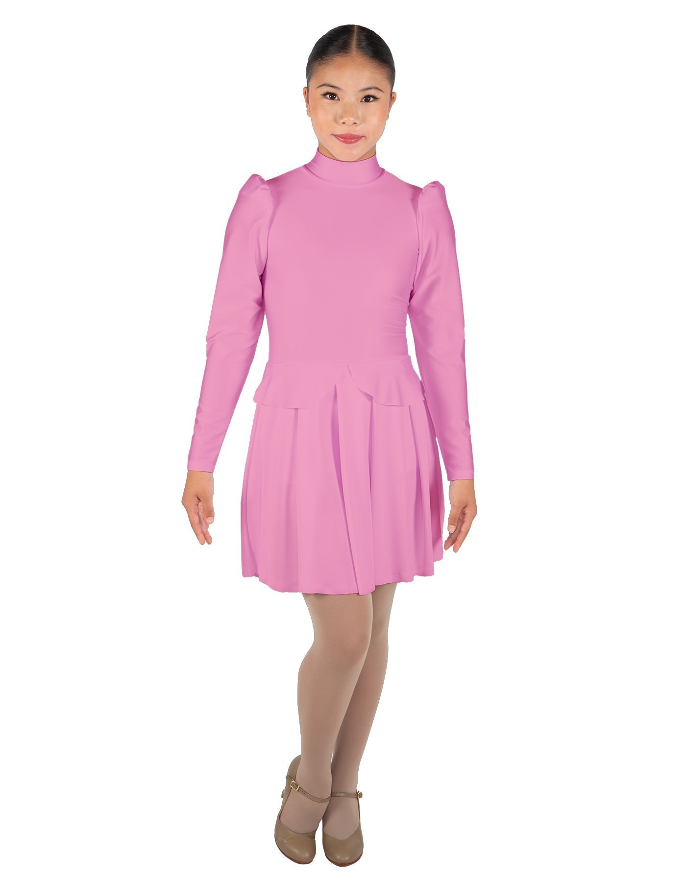Solid Lycra LS TNeck Biketard with Attached Pleated Skirt and Peplum