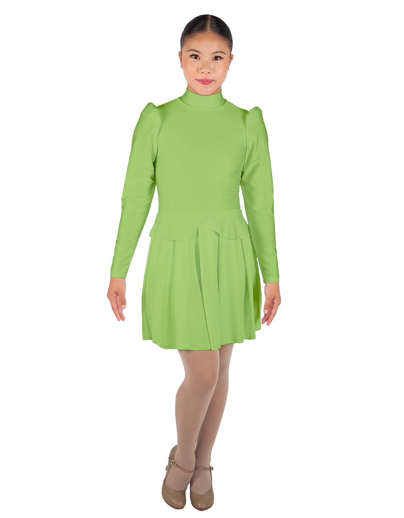 Solid Lycra LS TNeck Biketard with Attached Pleated Skirt and Peplum