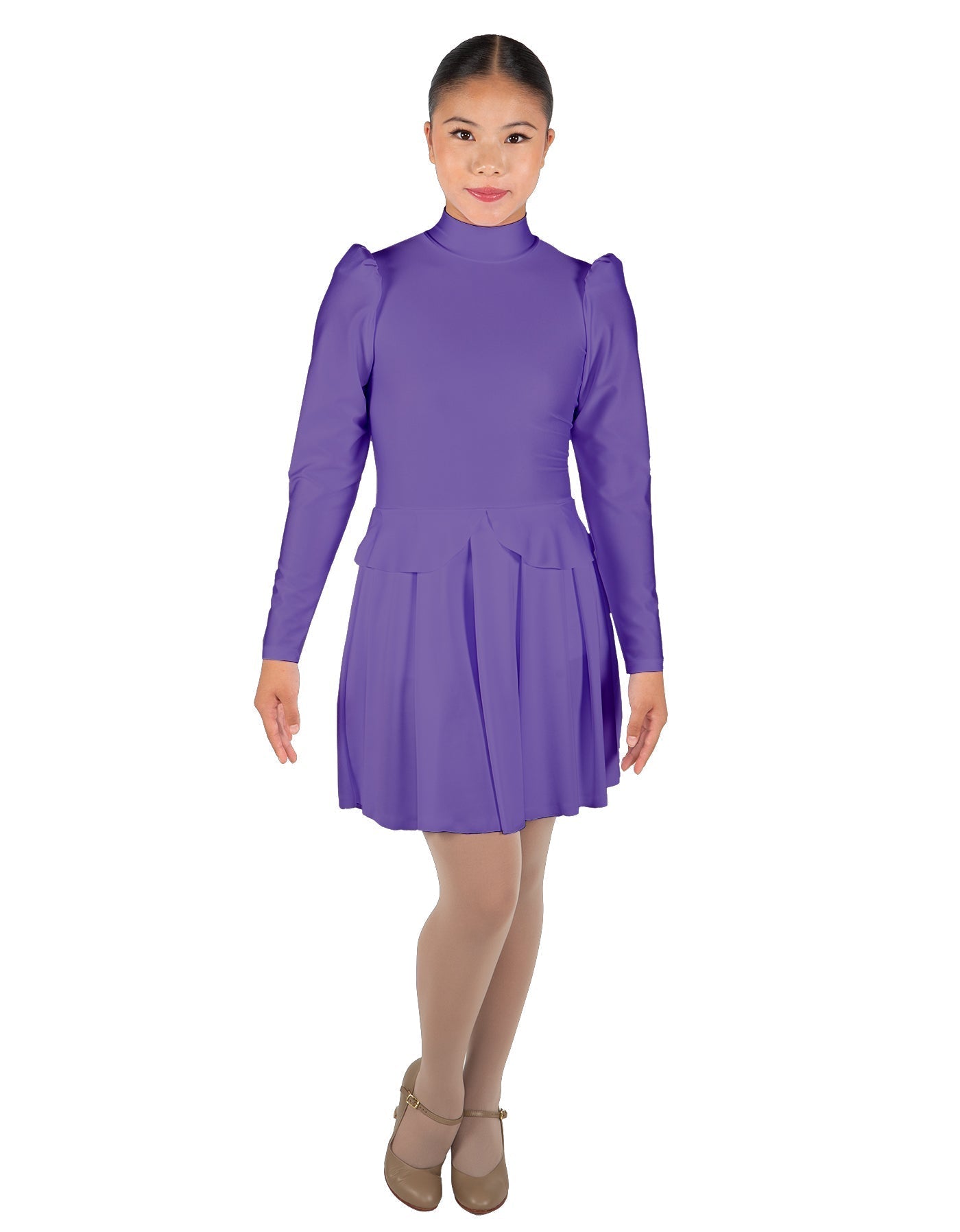 Solid Lycra LS TNeck Biketard with Attached Pleated Skirt and Peplum
