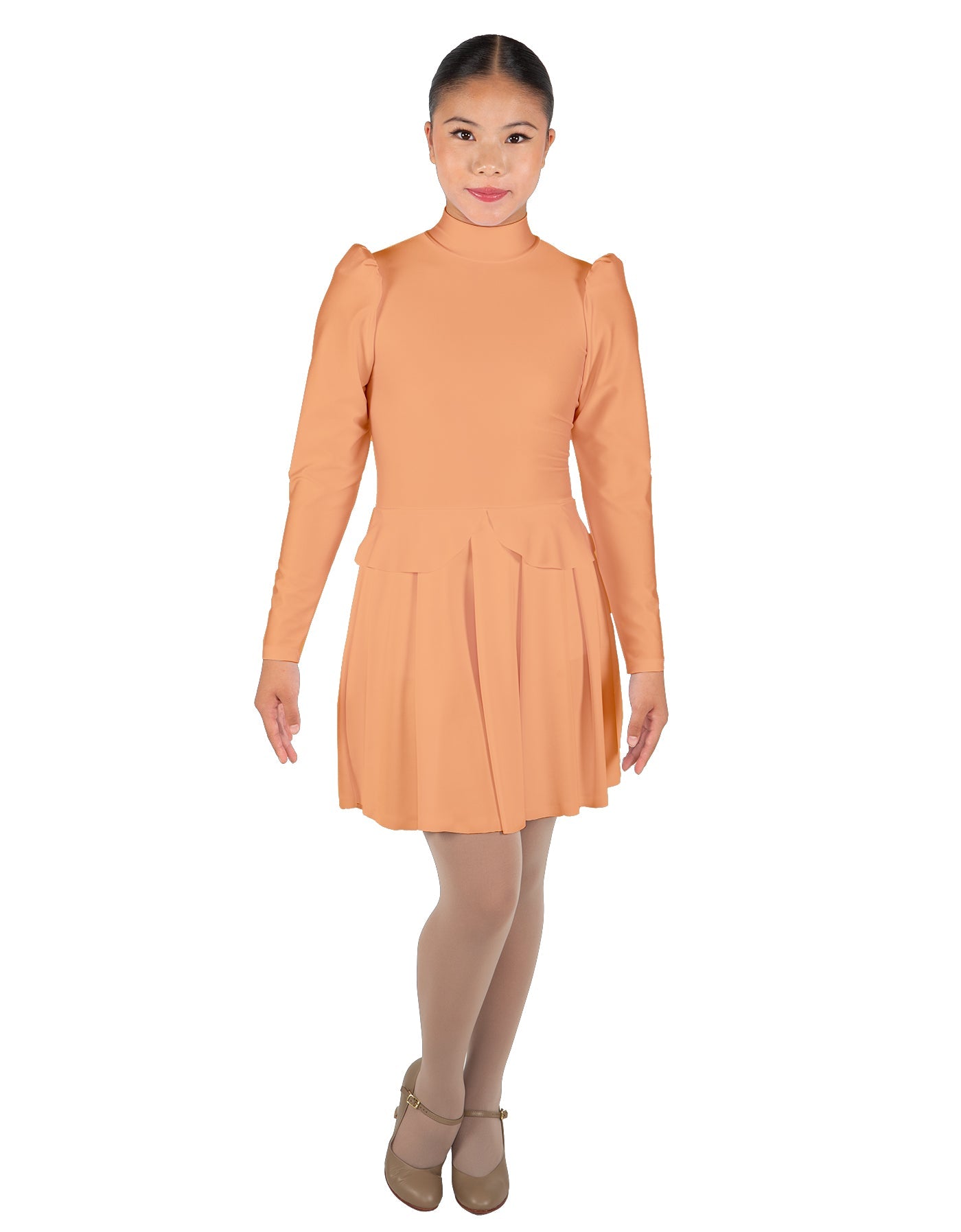 Solid Lycra LS TNeck Biketard with Attached Pleated Skirt and Peplum