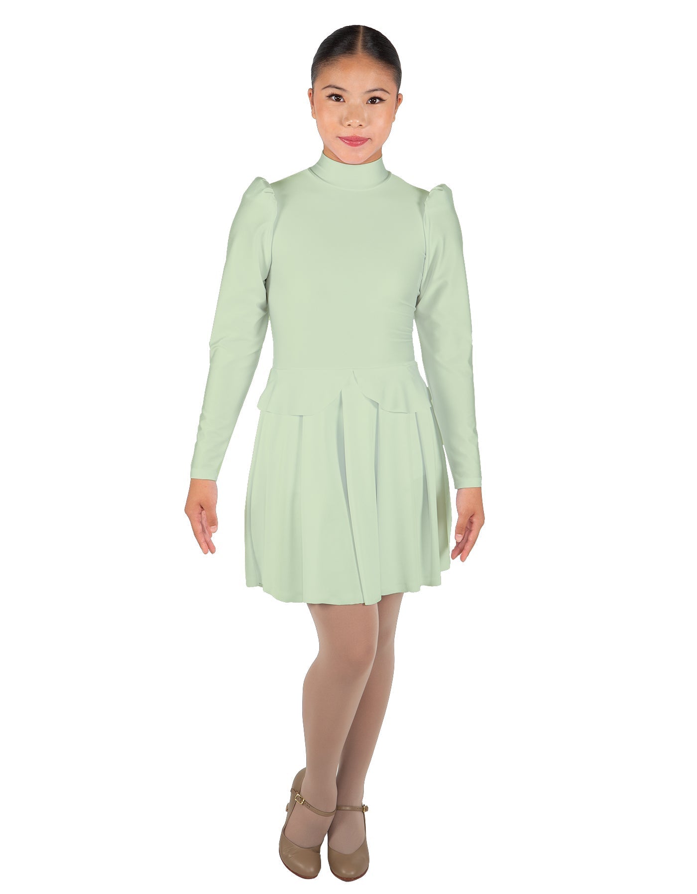 Solid Lycra LS TNeck Biketard with Attached Pleated Skirt and Peplum