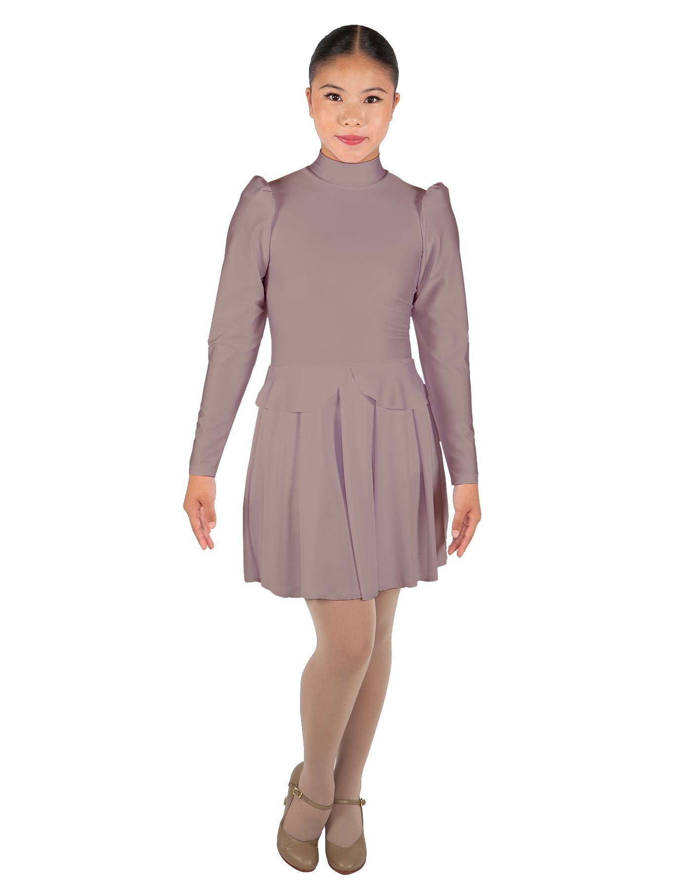 Solid Lycra LS TNeck Biketard with Attached Pleated Skirt and Peplum