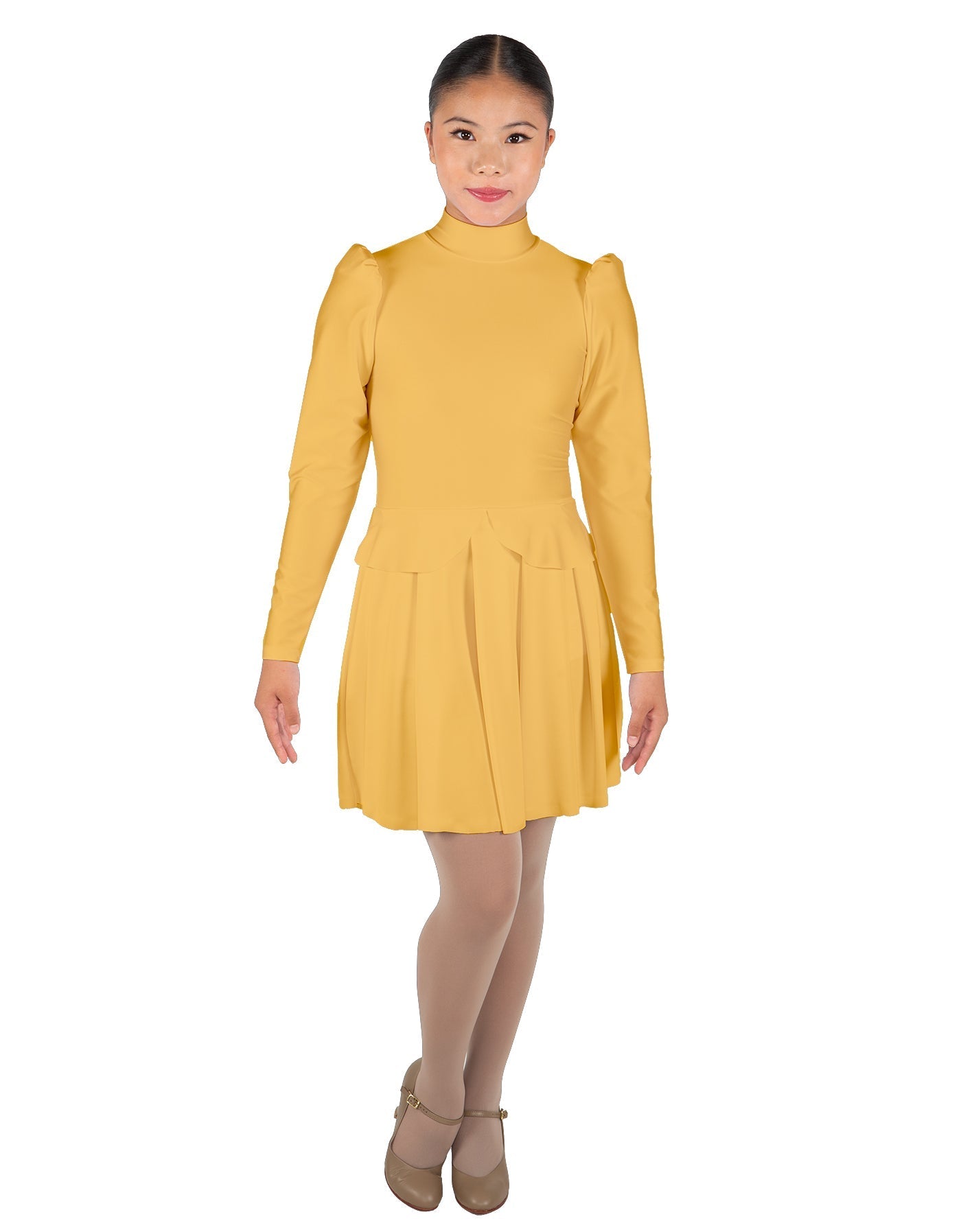 Solid Lycra LS TNeck Biketard with Attached Pleated Skirt and Peplum
