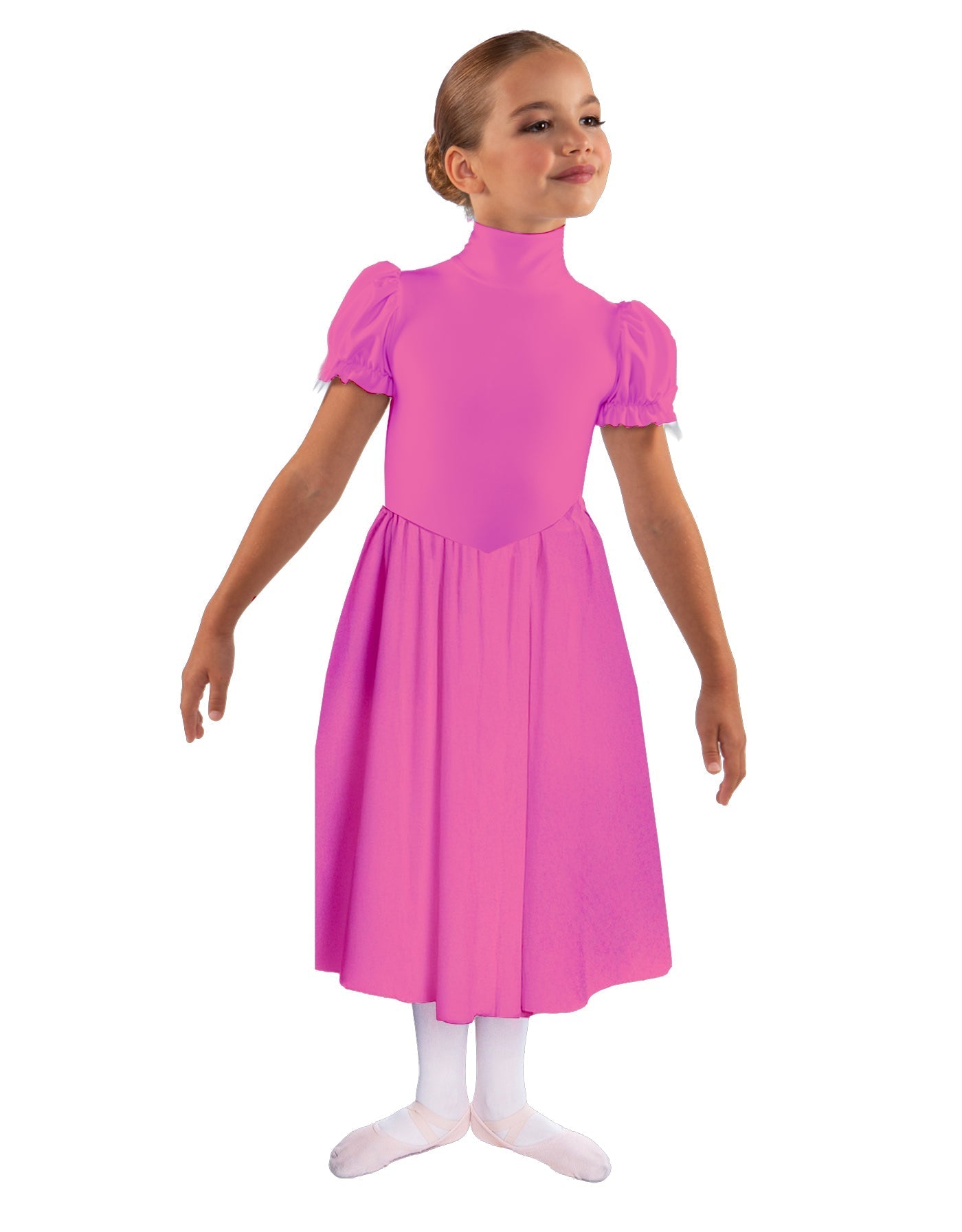 Solid Lycra T Neck Puff Sleeve Dress Below Knee Zipper back