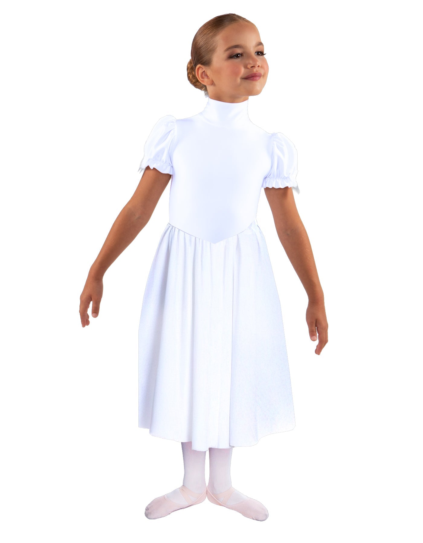 Solid Lycra T Neck Puff Sleeve Dress Below Knee Zipper back