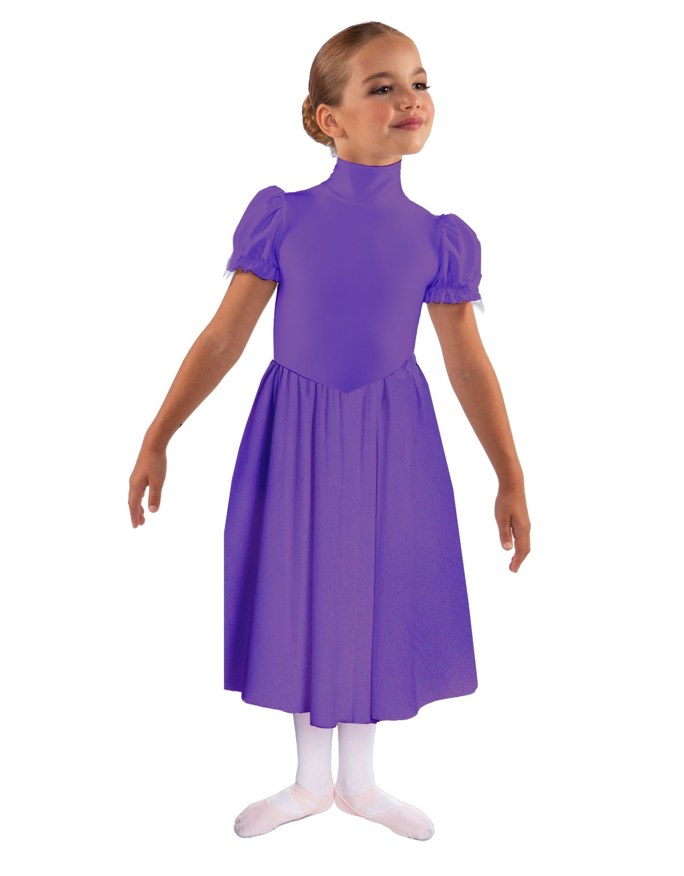 Solid Lycra T Neck Puff Sleeve Dress Below Knee Zipper back