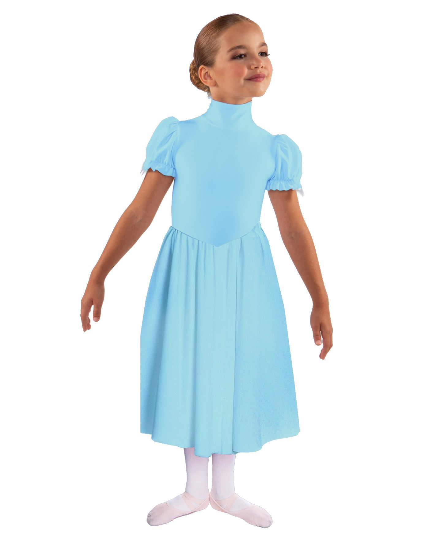 Solid Lycra T Neck Puff Sleeve Dress Below Knee Zipper back