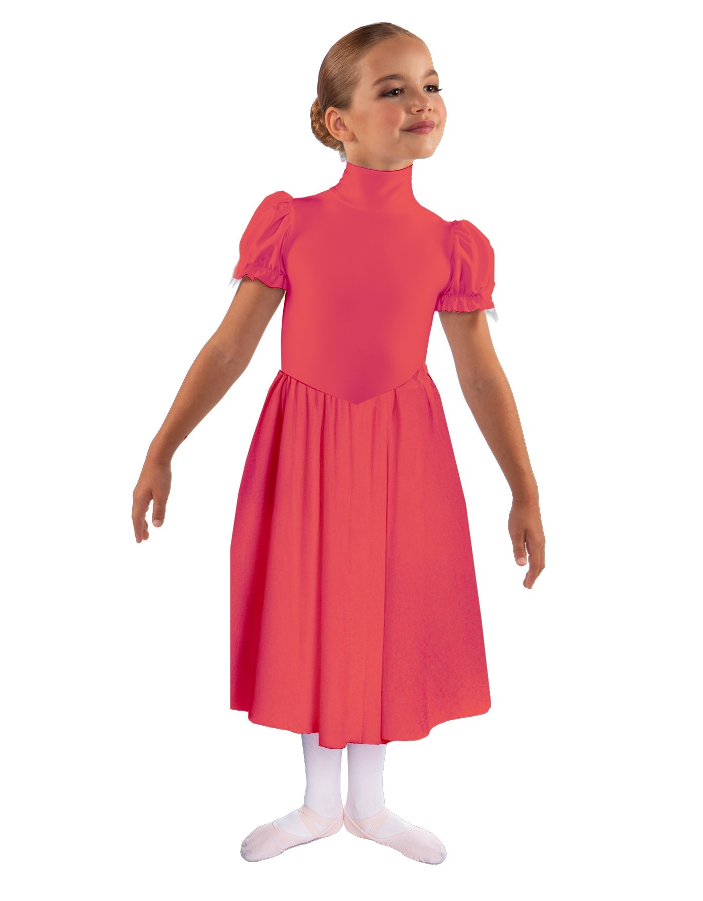 Solid Lycra T Neck Puff Sleeve Dress Below Knee Zipper back