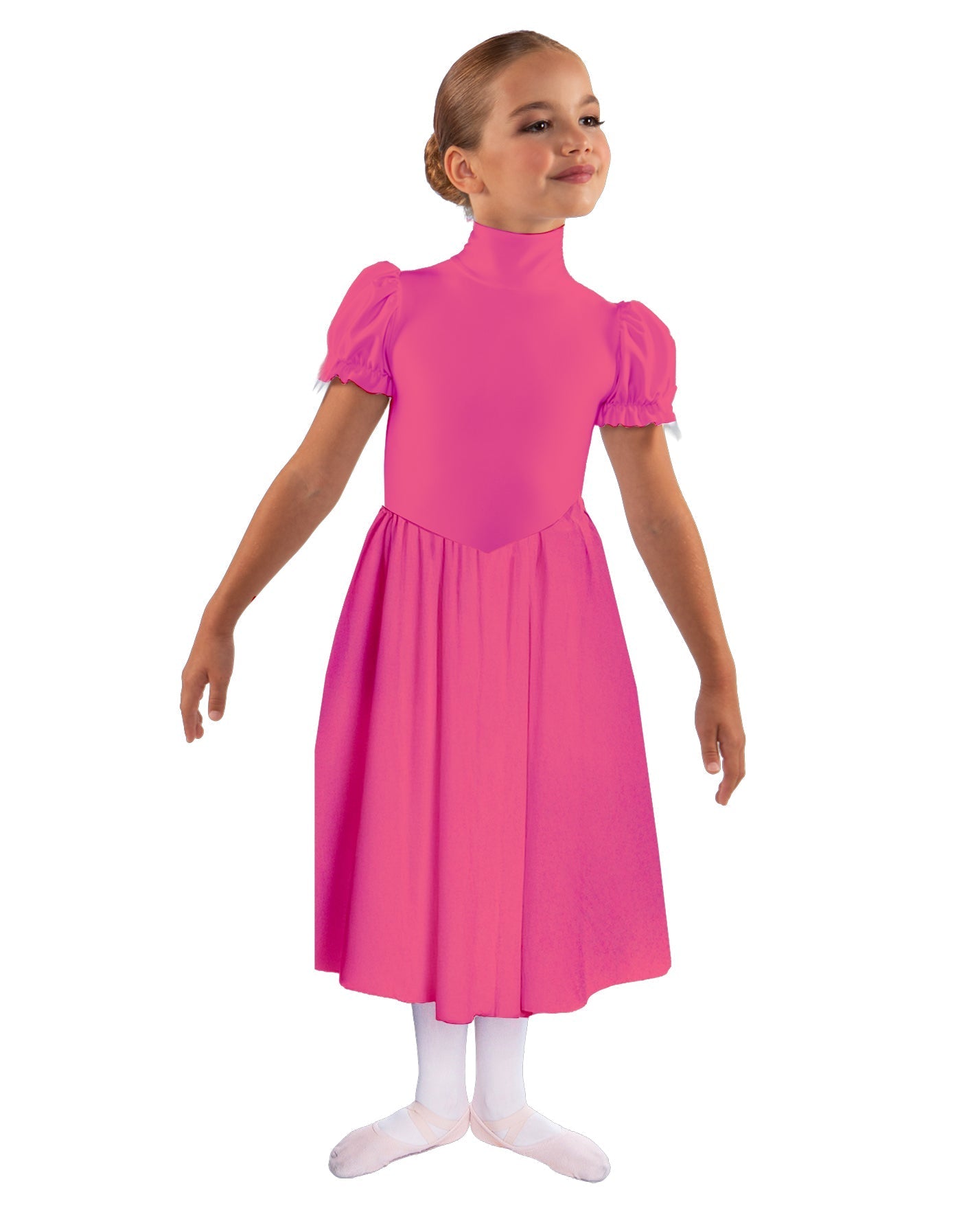 Solid Lycra T Neck Puff Sleeve Dress Below Knee Zipper back