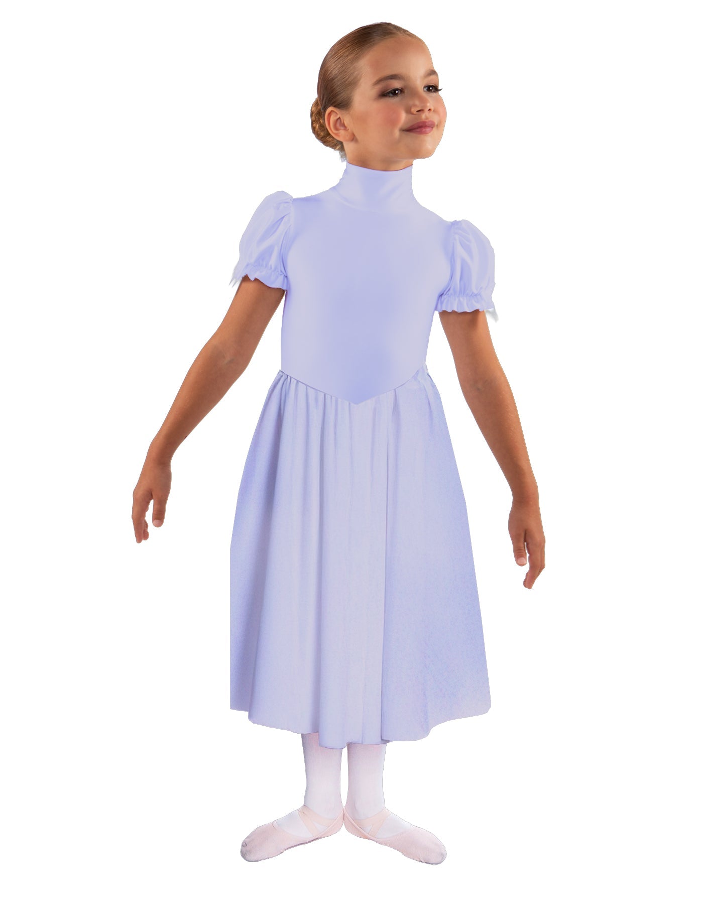 Solid Lycra T Neck Puff Sleeve Dress Below Knee Zipper back