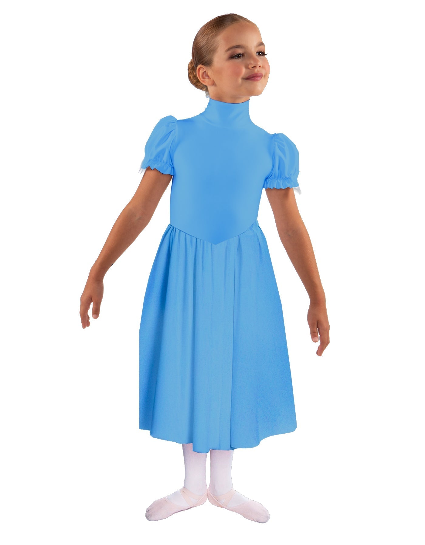 Solid Lycra T Neck Puff Sleeve Dress Below Knee Zipper back