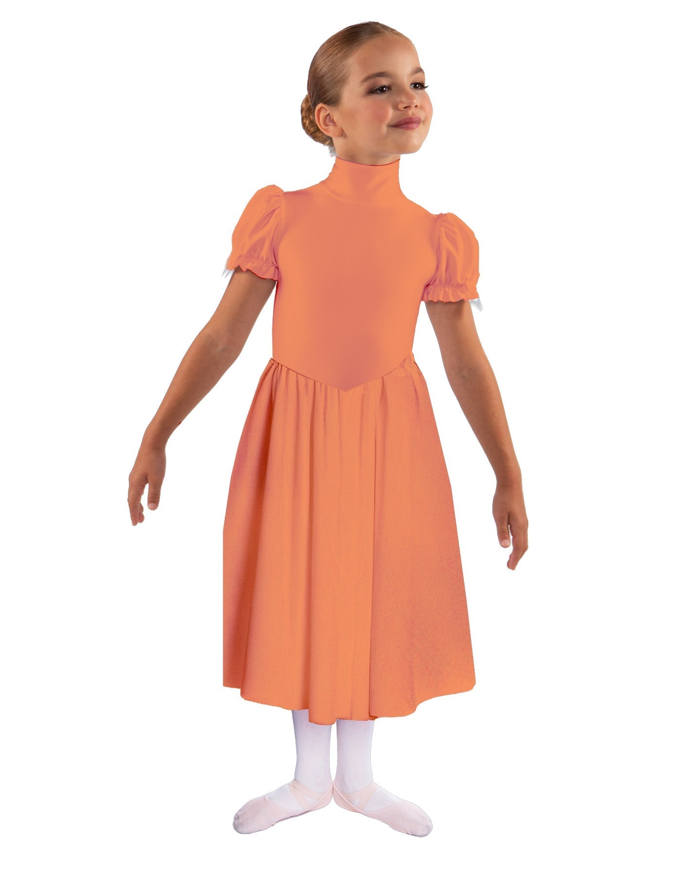 Solid Lycra T Neck Puff Sleeve Dress Below Knee Zipper back