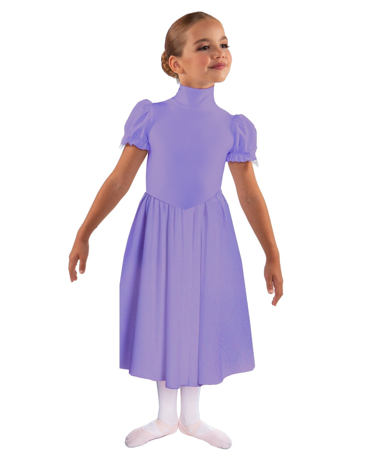 Solid Lycra T Neck Puff Sleeve Dress Below Knee Zipper back