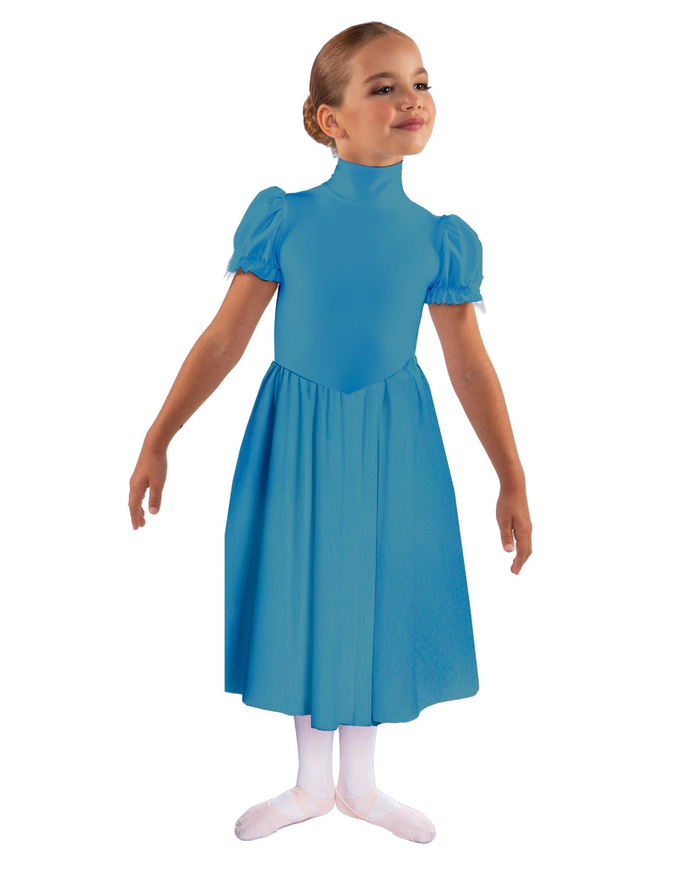 Solid Lycra T Neck Puff Sleeve Dress Below Knee Zipper back
