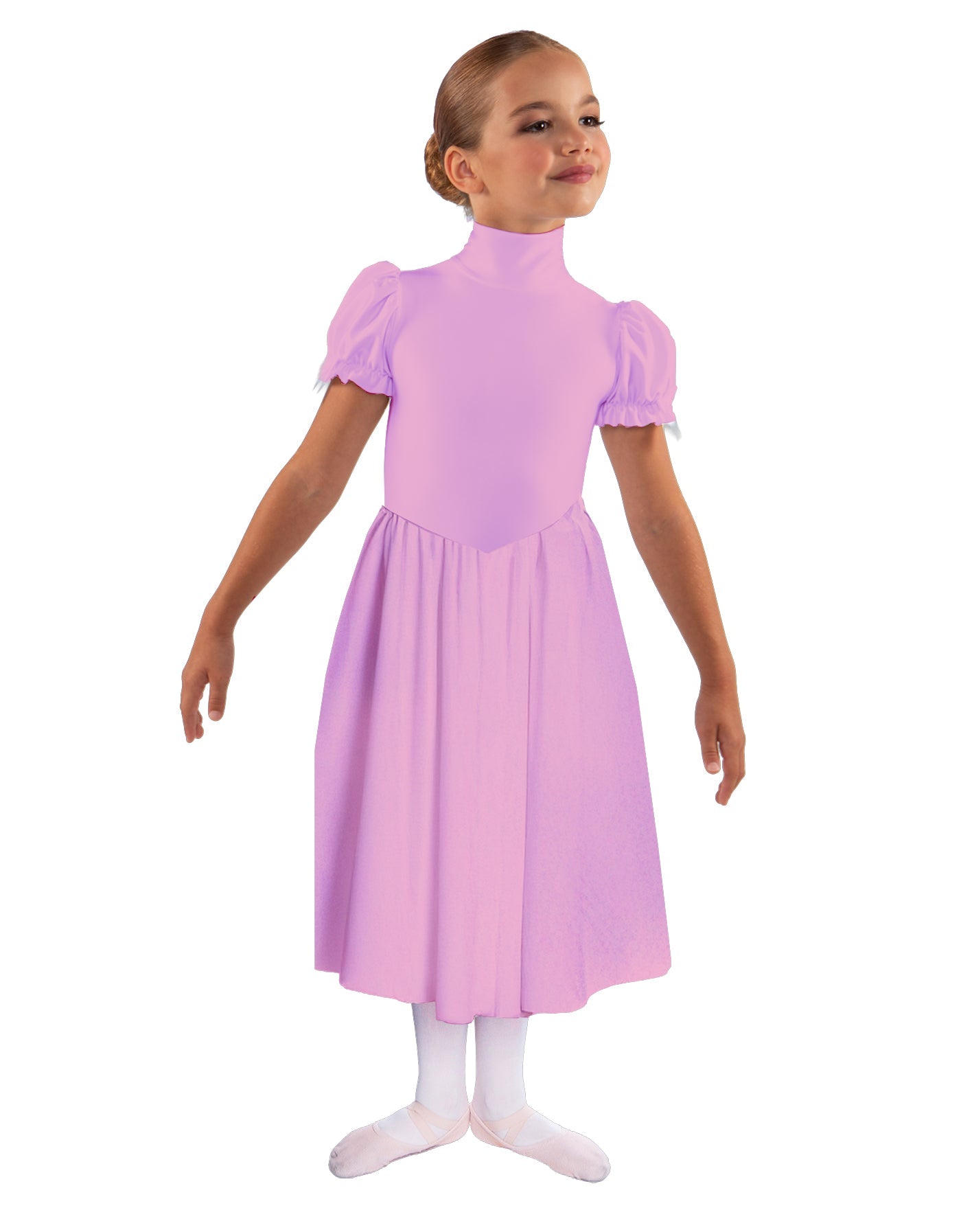 Solid Lycra T Neck Puff Sleeve Dress Below Knee Zipper back