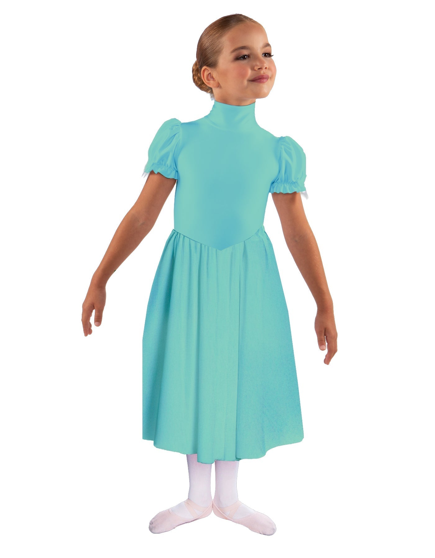 Solid Lycra T Neck Puff Sleeve Dress Below Knee Zipper back