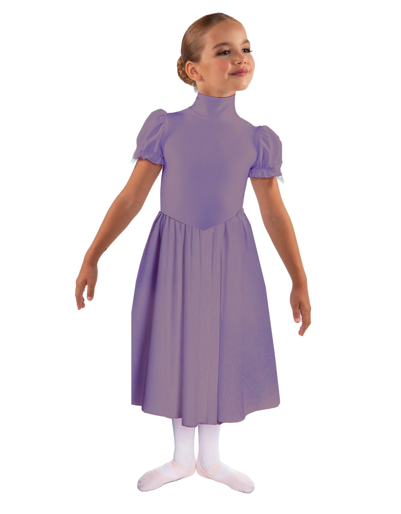 Solid Lycra T Neck Puff Sleeve Dress Below Knee Zipper back