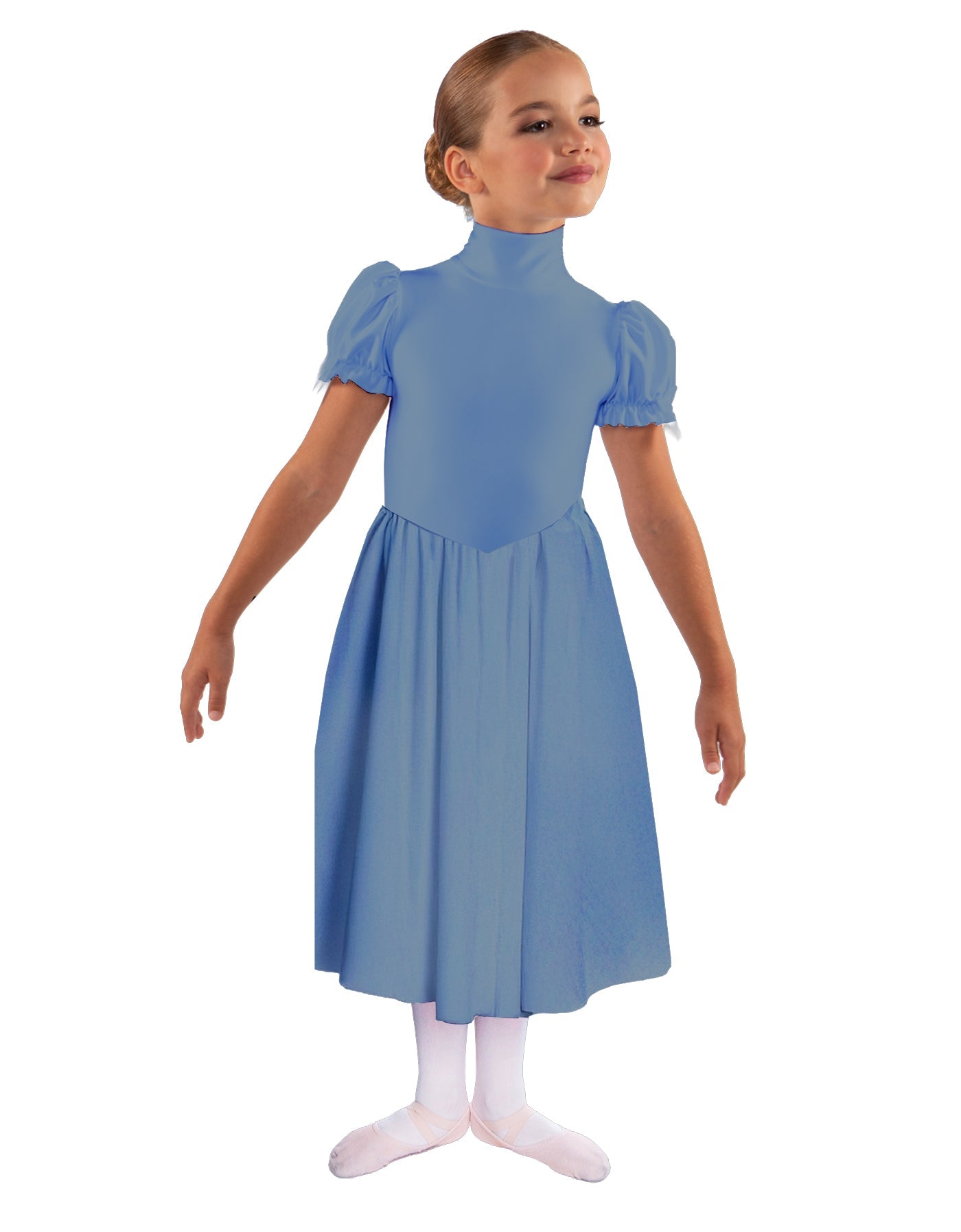 Solid Lycra T Neck Puff Sleeve Dress Below Knee Zipper back