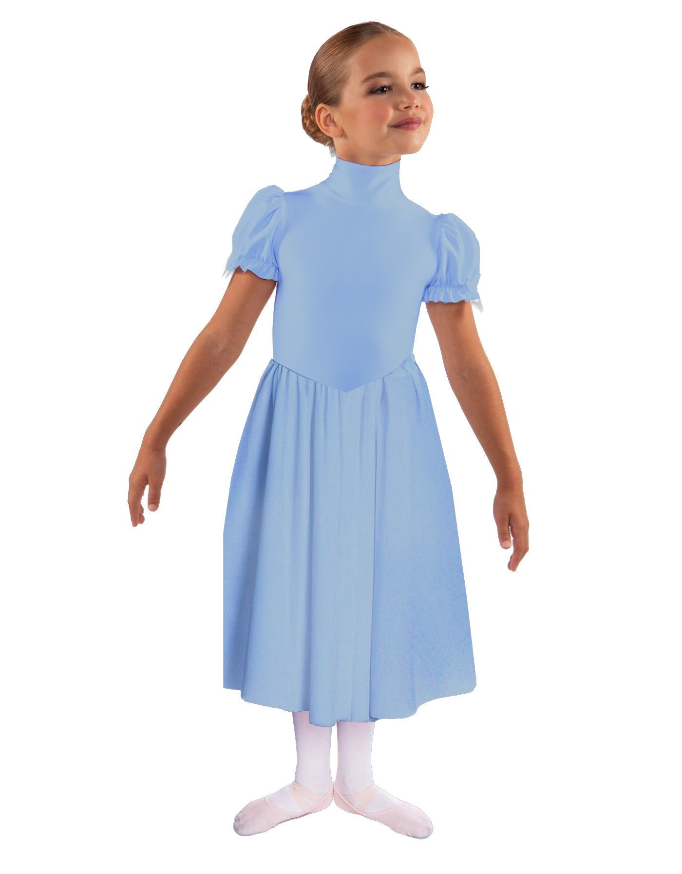 Solid Lycra T Neck Puff Sleeve Dress Below Knee Zipper back