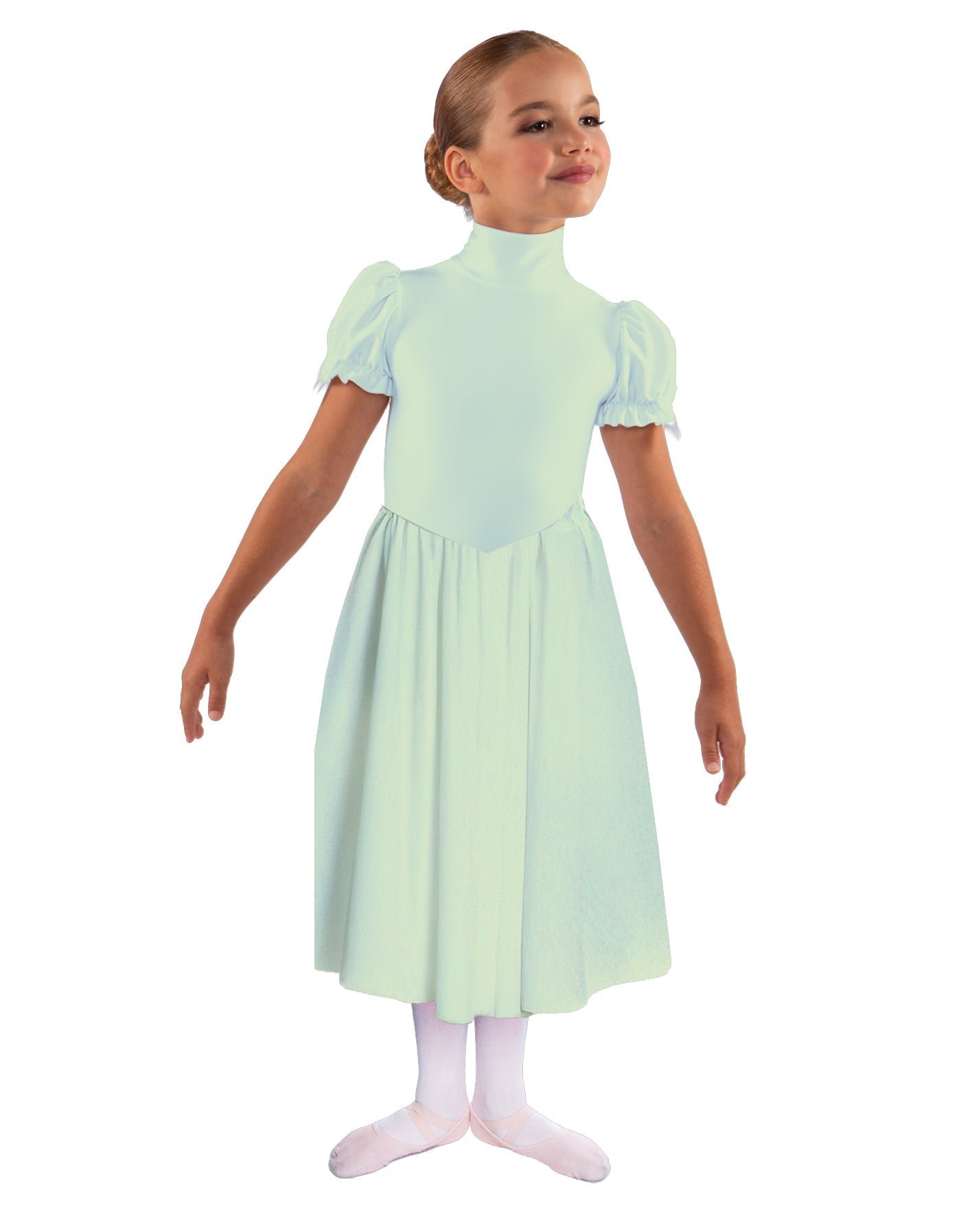 Solid Lycra T Neck Puff Sleeve Dress Below Knee Zipper back