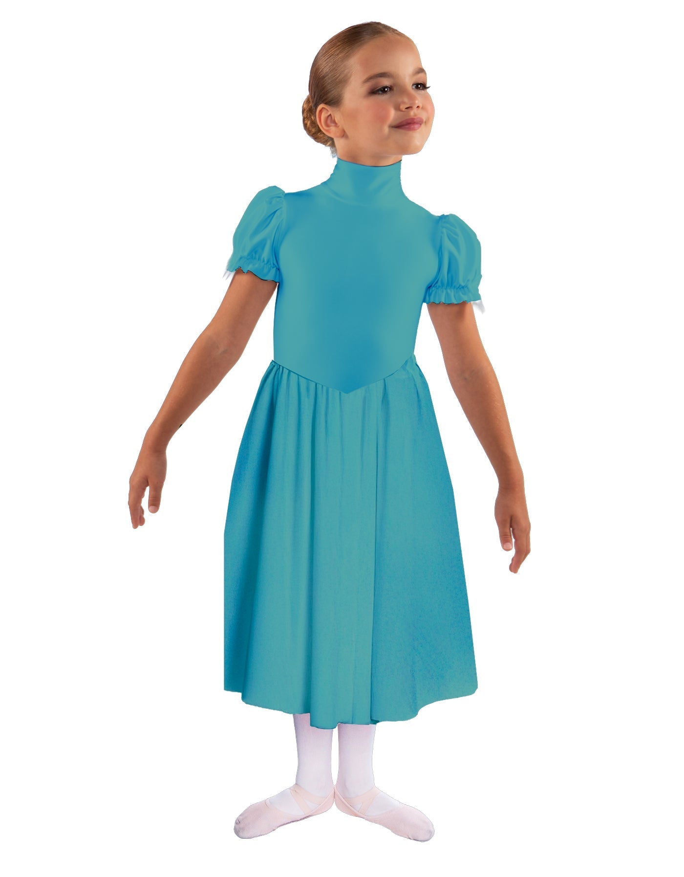 Solid Lycra T Neck Puff Sleeve Dress Below Knee Zipper back