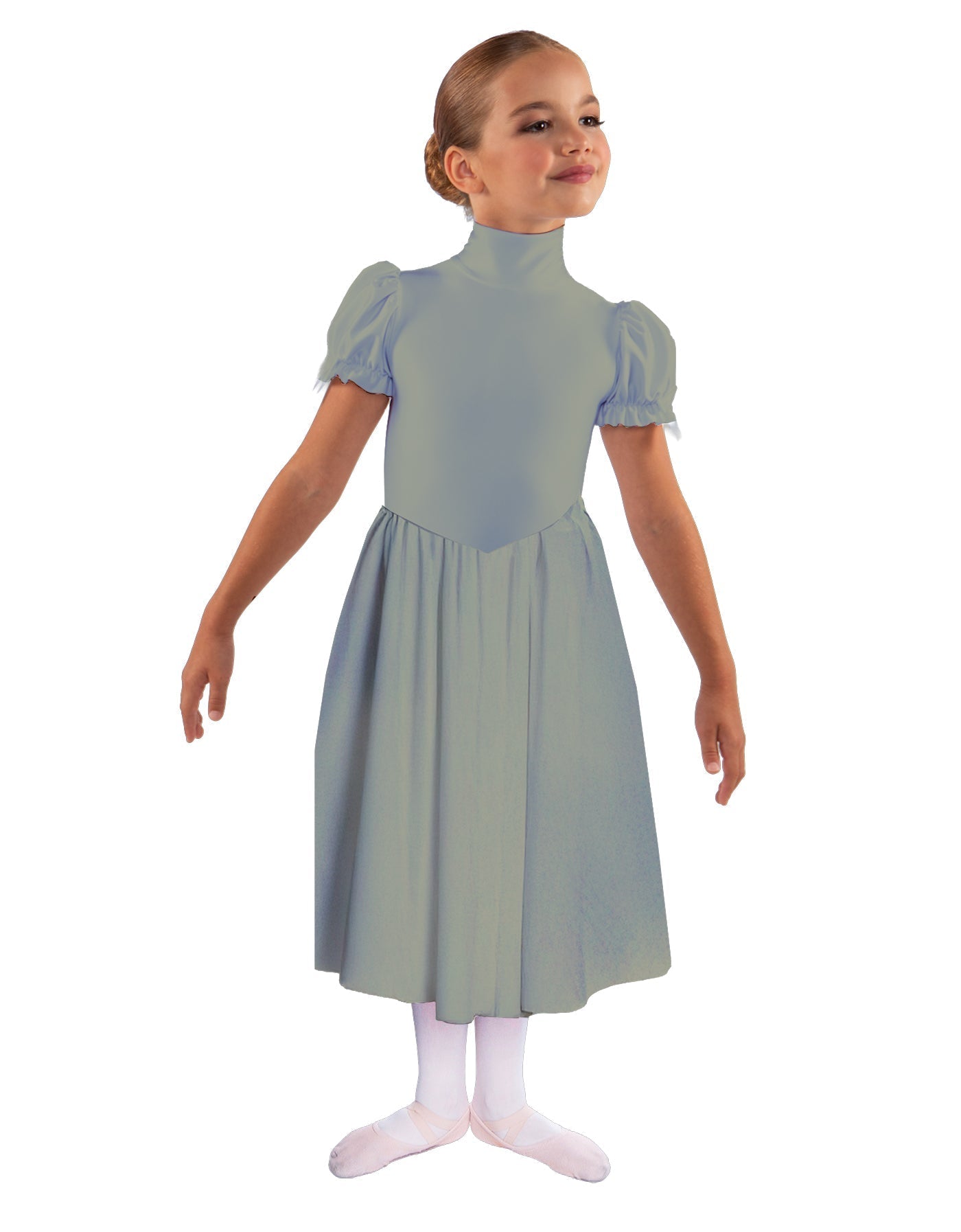 Solid Lycra T Neck Puff Sleeve Dress Below Knee Zipper back