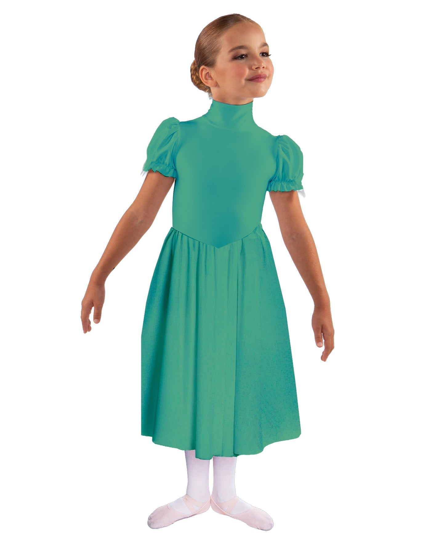 Solid Lycra T Neck Puff Sleeve Dress Below Knee Zipper back