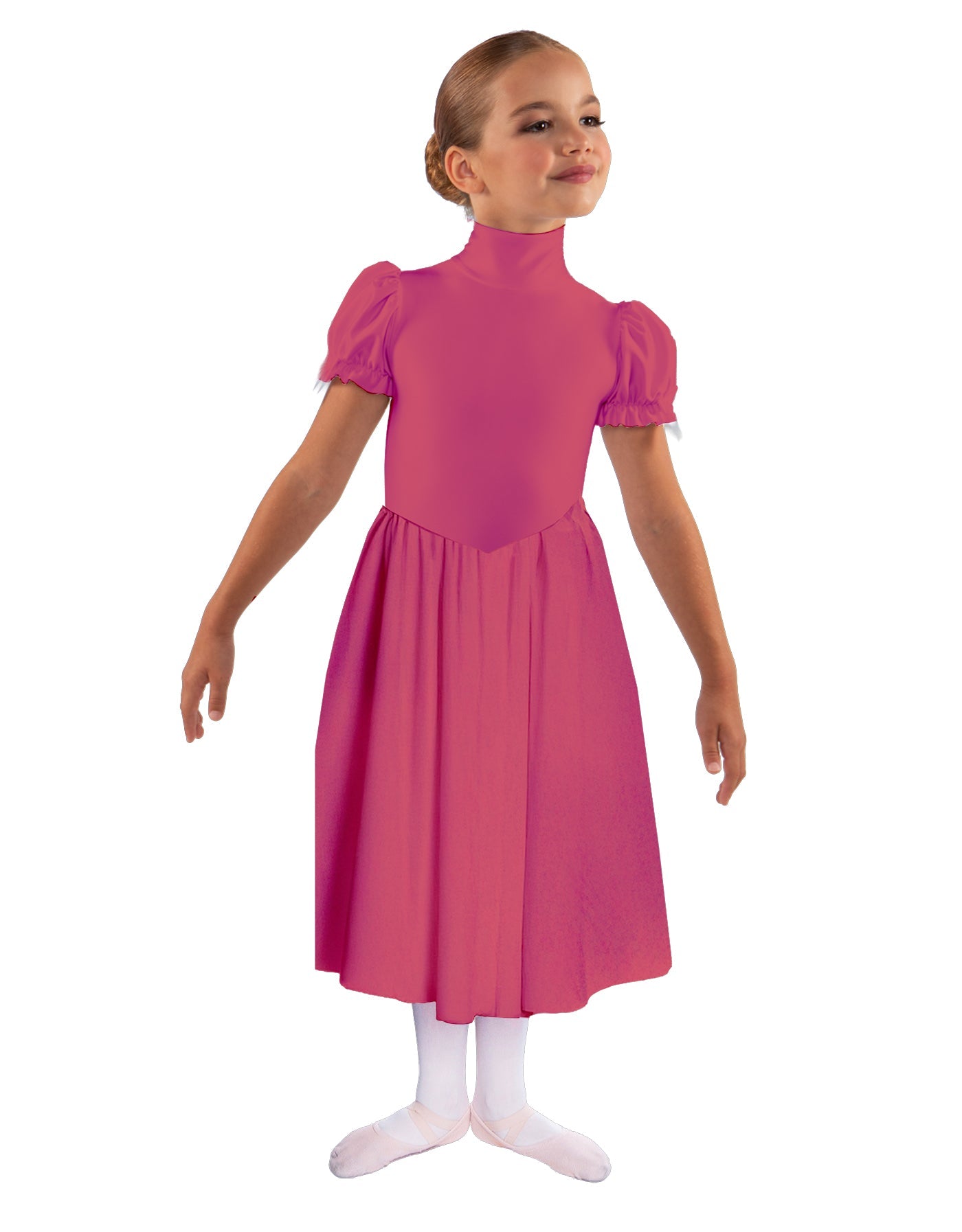 Solid Lycra T Neck Puff Sleeve Dress Below Knee Zipper back