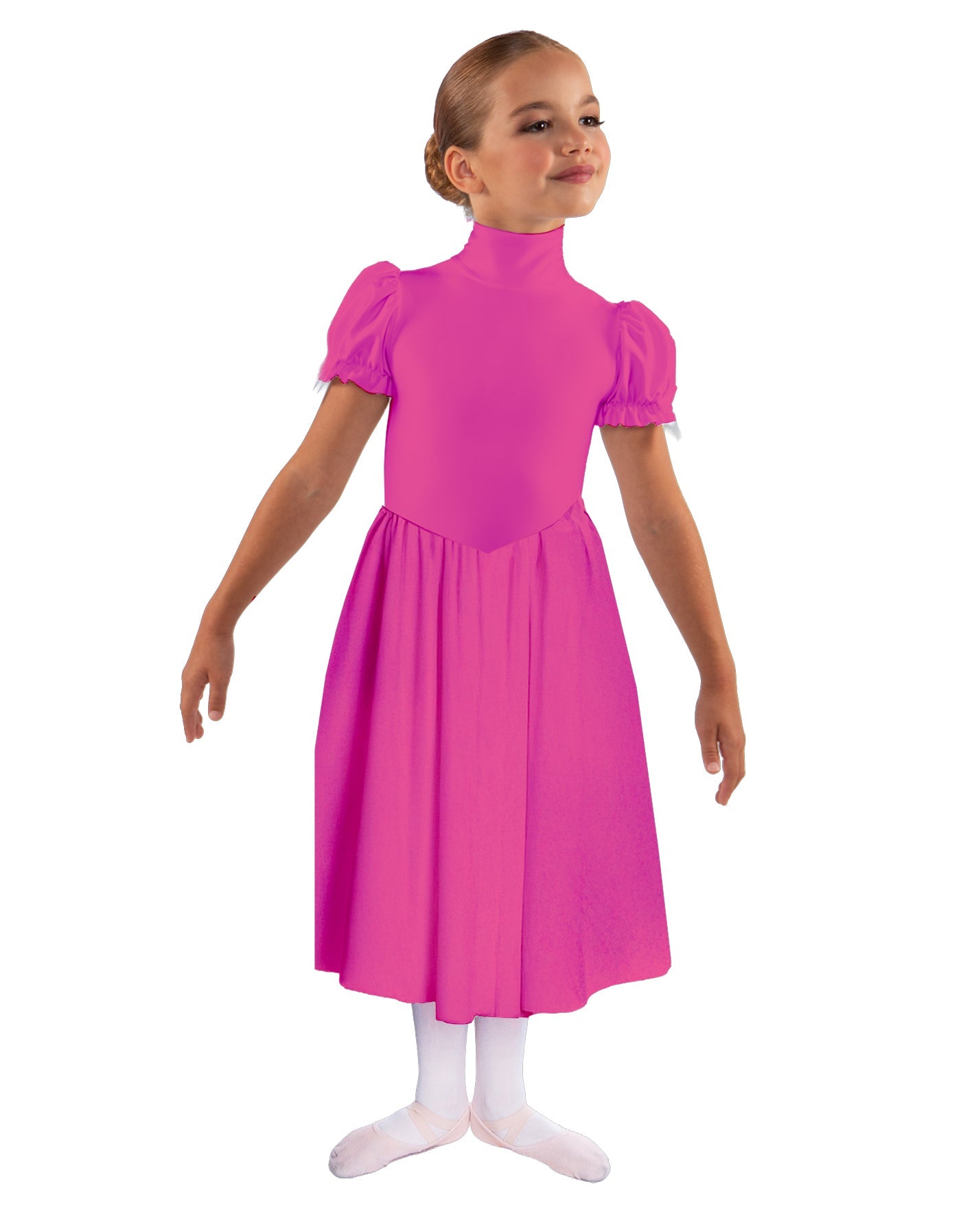 Solid Lycra T Neck Puff Sleeve Dress Below Knee Zipper back