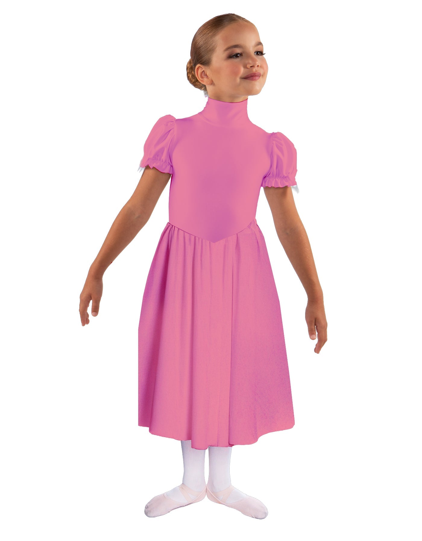 Solid Lycra T Neck Puff Sleeve Dress Below Knee Zipper back