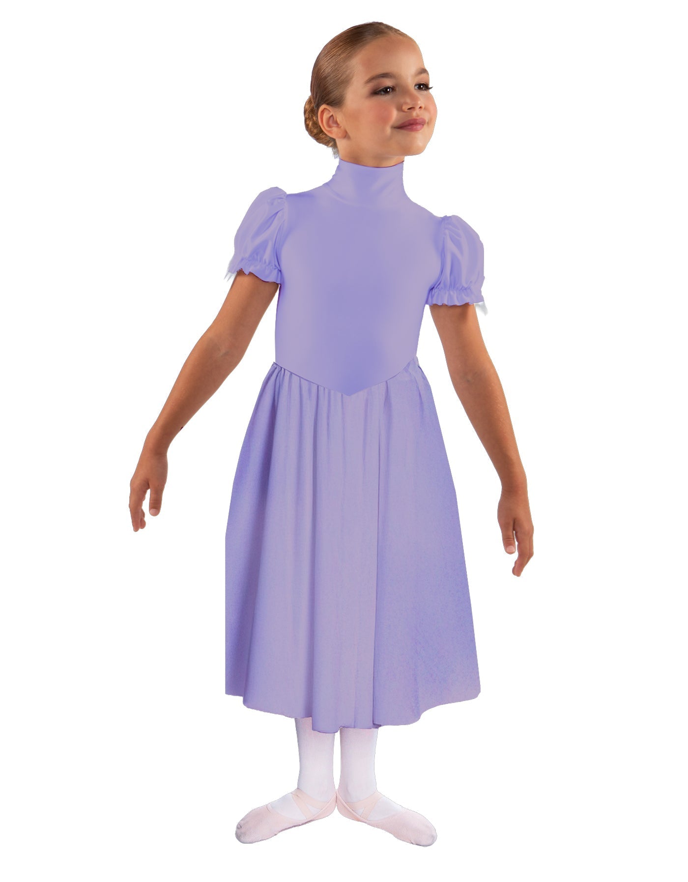 Solid Lycra T Neck Puff Sleeve Dress Below Knee Zipper back