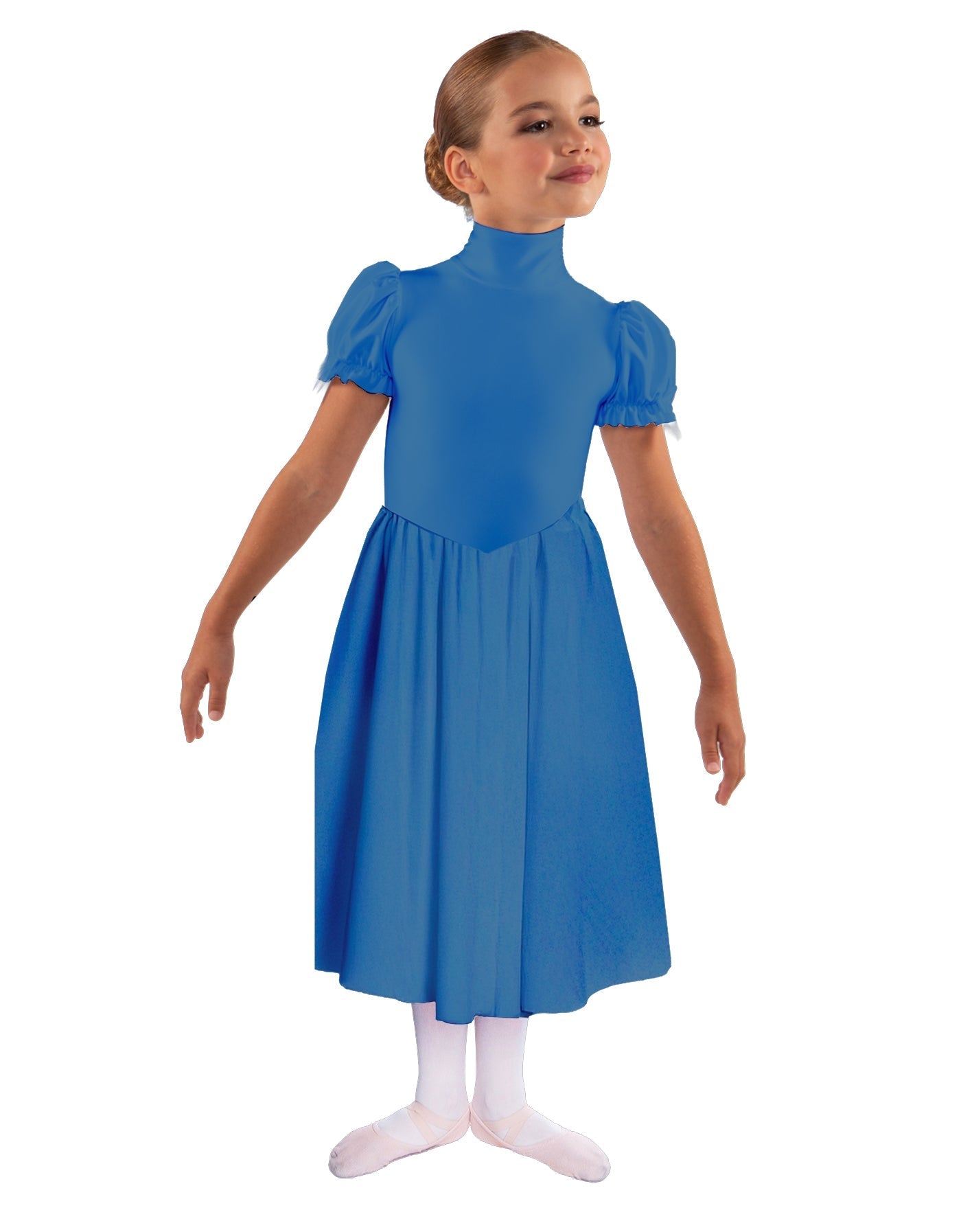 Solid Lycra T Neck Puff Sleeve Dress Below Knee Zipper back
