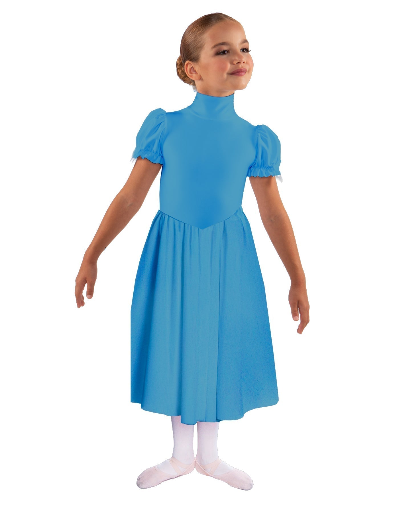 Solid Lycra T Neck Puff Sleeve Dress Below Knee Zipper back