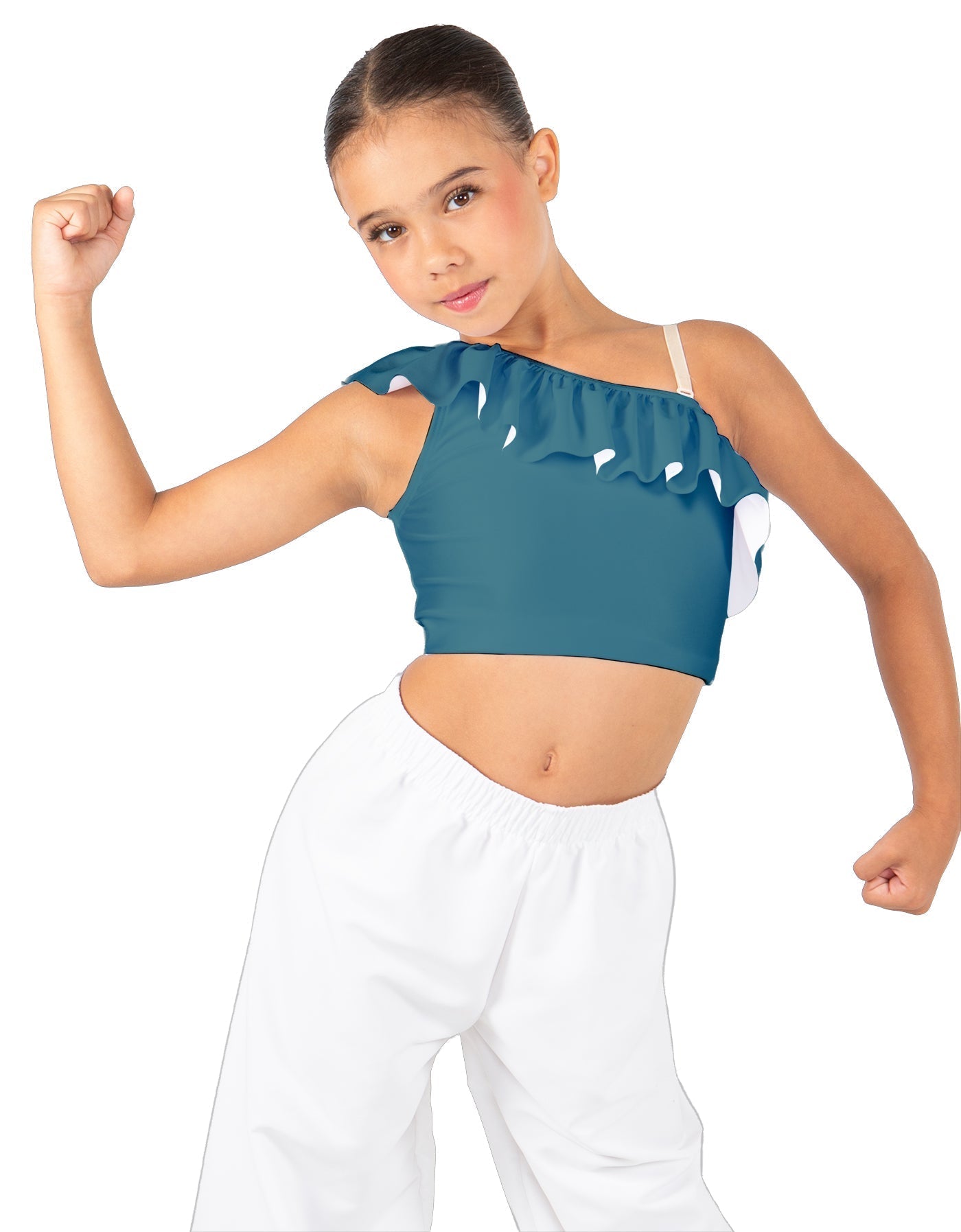Solid Lycra One Shoulder Crop Top with Ruffle